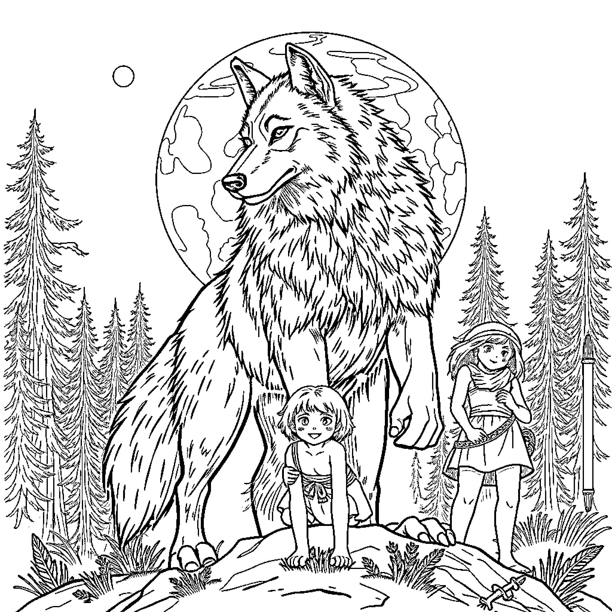 Werewolf guiding children through the enchanted forest Coloring Page (free black-and-white line drawing printable PDF for all, from beginners to advanced learners, including children, teens, adults, and seniors)