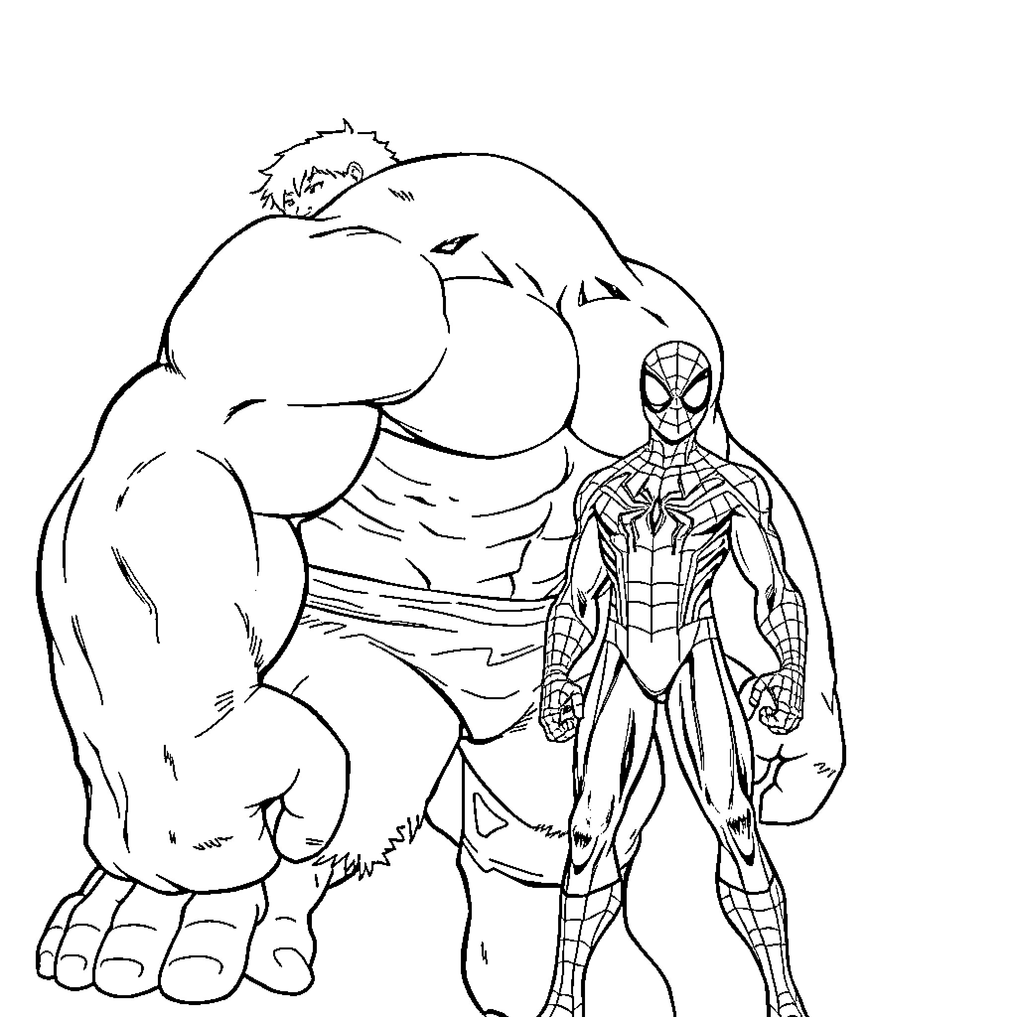 Hulk and Spider-Man in heroic pose Coloring Page (free black-and-white line drawing printable PDF for all, from beginners to advanced learners, including children, teens, adults, and seniors)