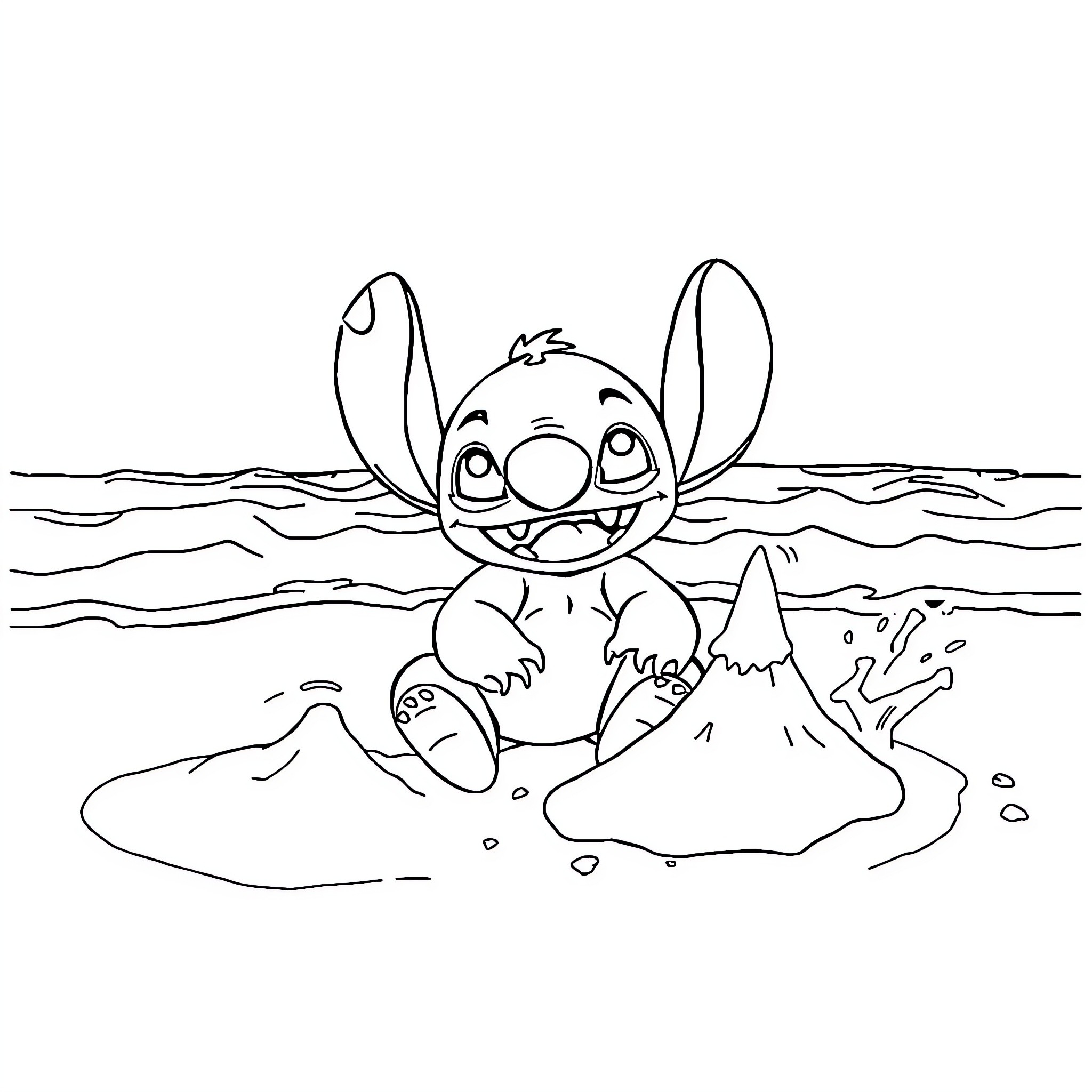 Stitch enjoying a playful day at the beach Coloring Page (free black-and-white line drawing printable PDF for all, from beginners to advanced learners, including children, teens, adults, and seniors)