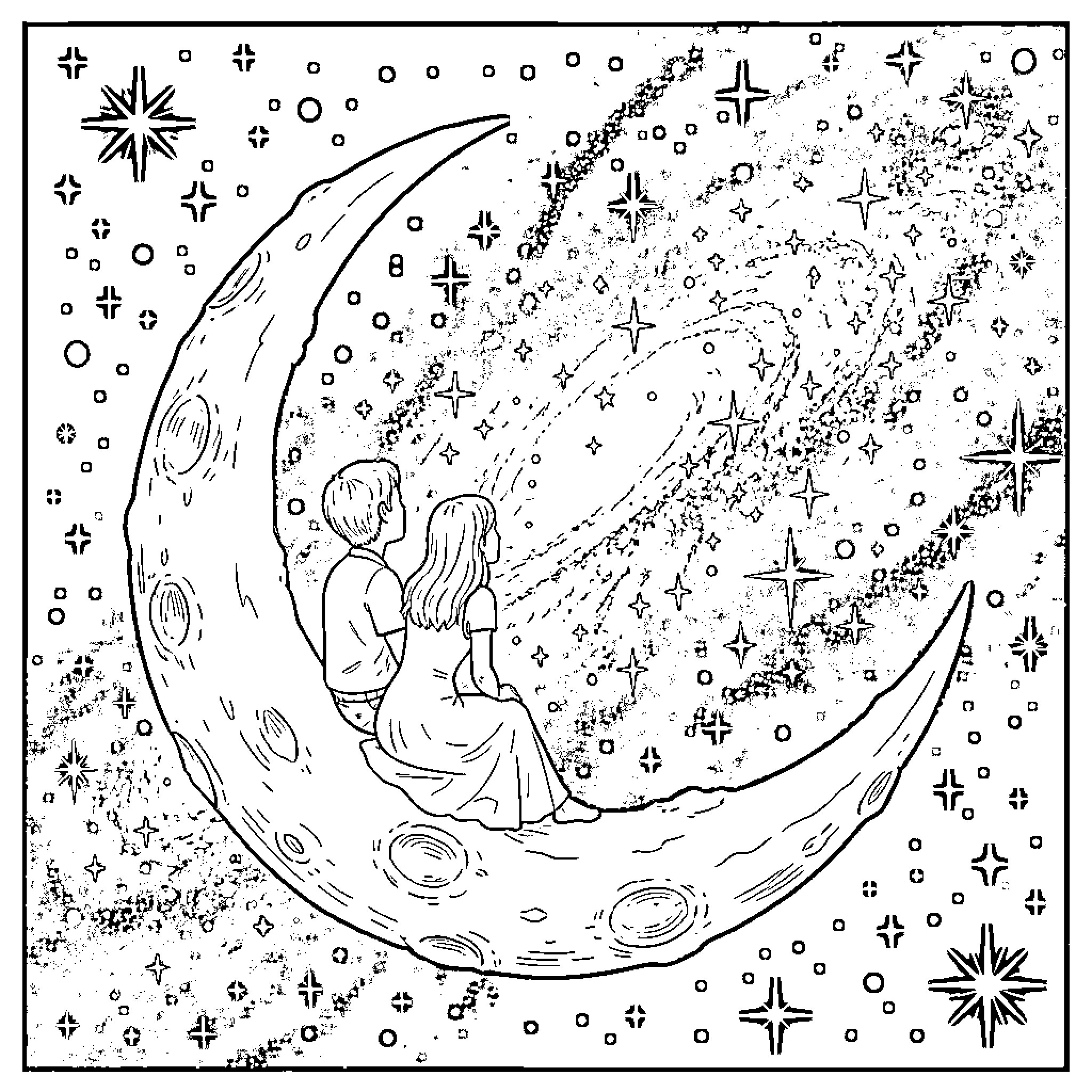 Pareja contemplando el universo en una noche estrellada Coloring Page (free black-and-white line drawing printable PDF for all, from beginners to advanced learners, including children, teens, adults, and seniors)