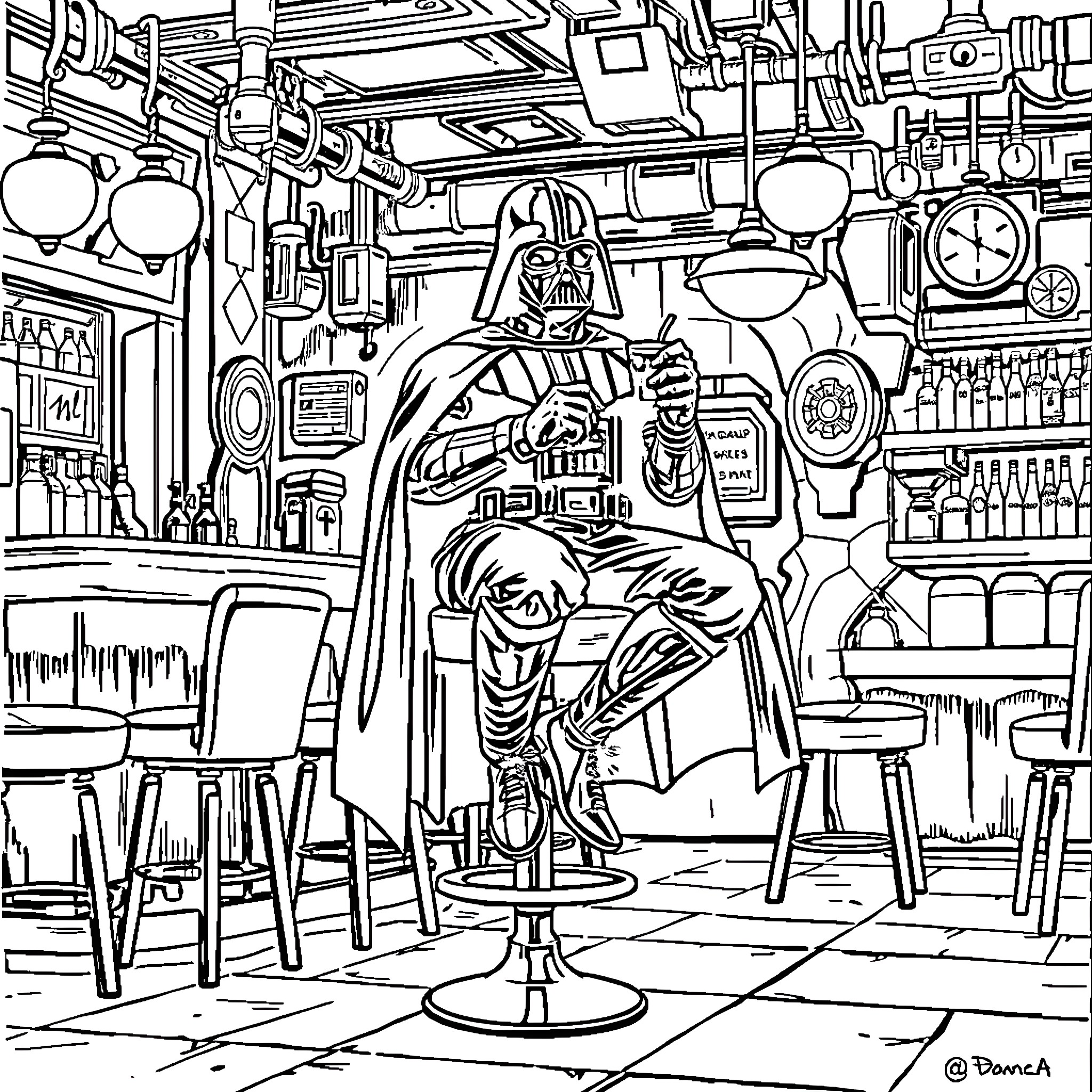 Darth Vader relaxing in a busy cantina Coloring Page (free black-and-white line drawing printable PDF for all, from beginners to advanced learners, including children, teens, adults, and seniors)