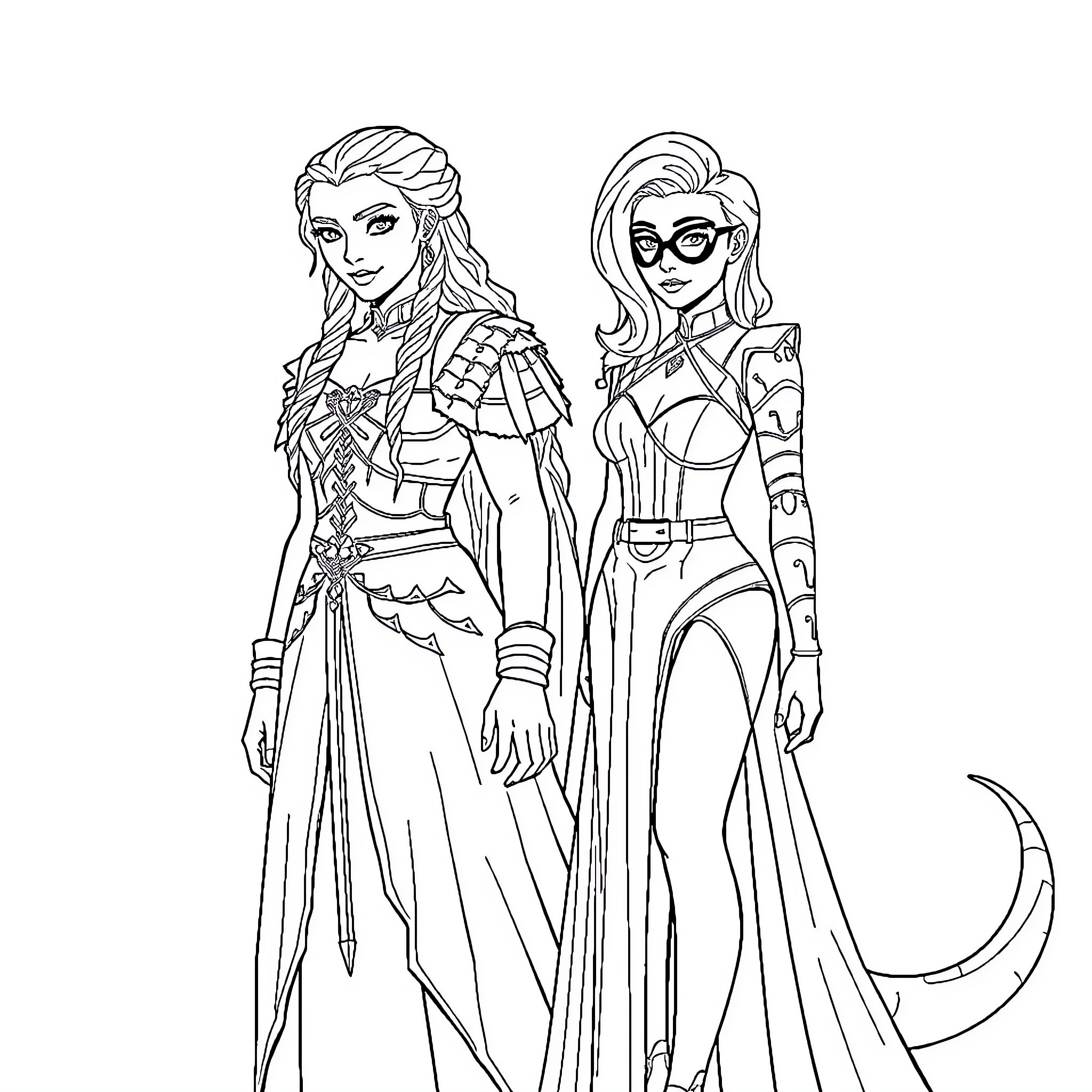 Daenerys Targaryen and Batgirl in Sci-Fi Warrior Outfits Coloring Page (free black-and-white line drawing printable PDF for all, from beginners to advanced learners, including children, teens, adults, and seniors)