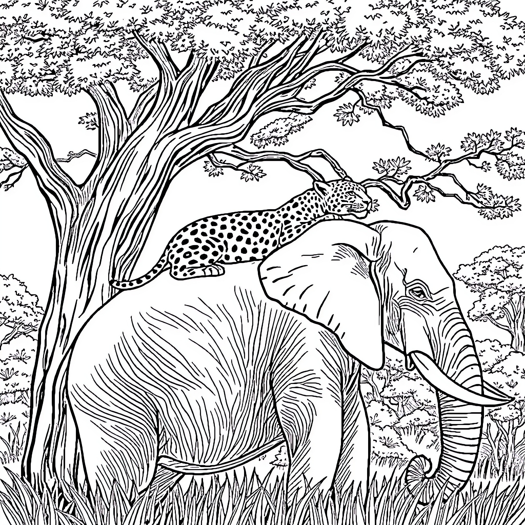 Leopard resting on tree branch near majestic elephant Coloring Page (free black-and-white line drawing printable PDF for all, from beginners to advanced learners, including children, teens, adults, and seniors)