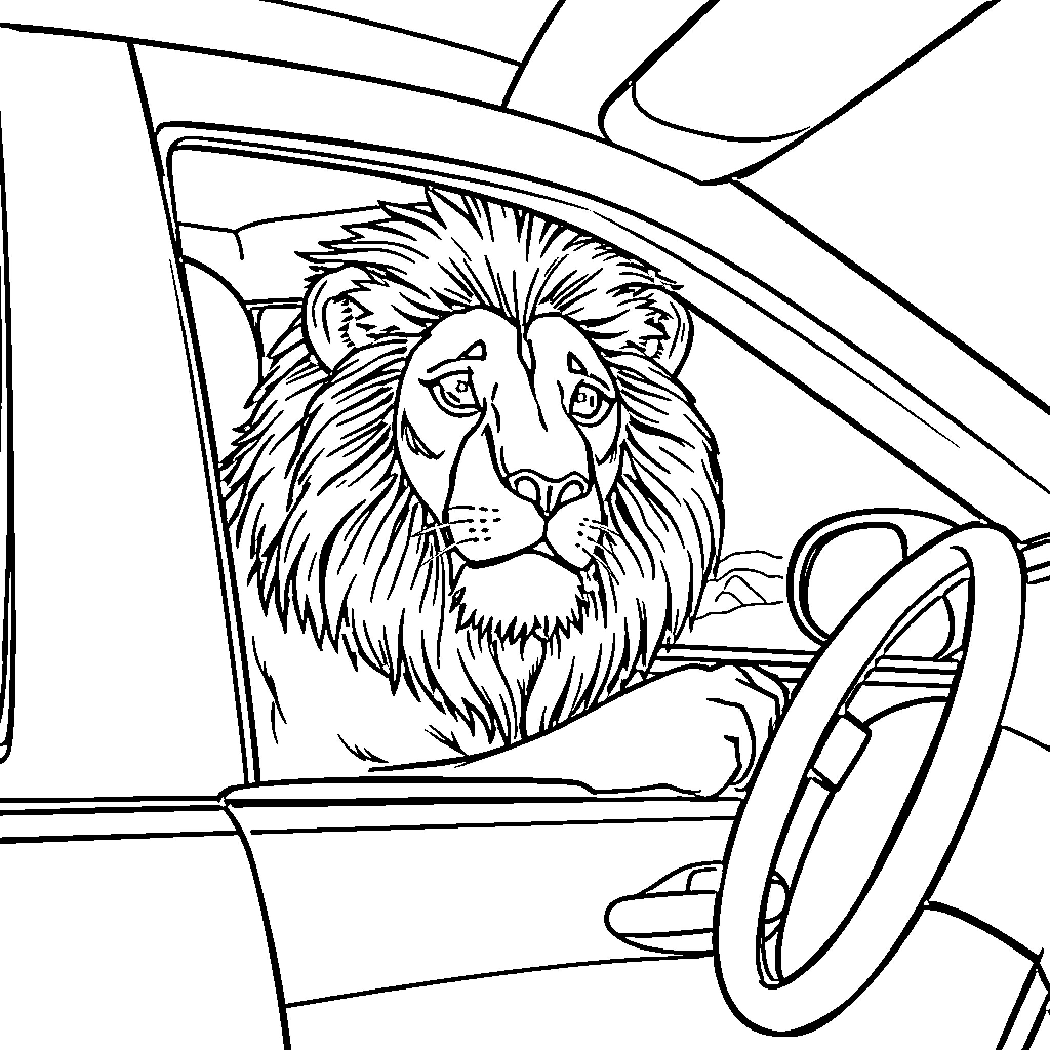 Lion driving a car with determination Coloring Page (free black-and-white line drawing printable PDF for all, from beginners to advanced learners, including children, teens, adults, and seniors)