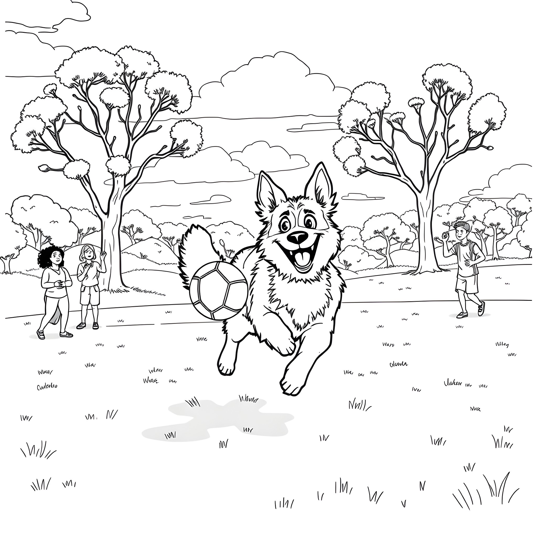 Bluey playing happily with a soccer ball in the park Coloring Page (free black-and-white line drawing printable PDF for all, from beginners to advanced learners, including children, teens, adults, and seniors)