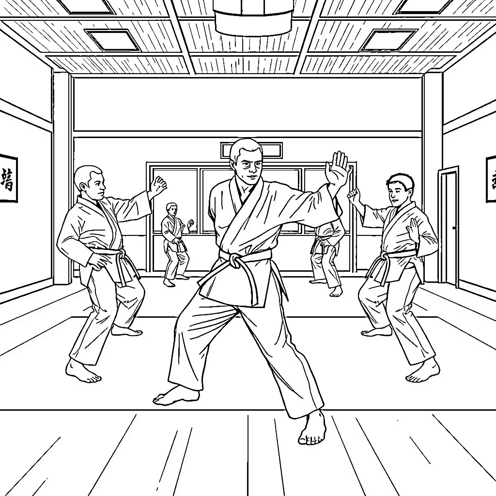 Karate practitioners training in a dojo Coloring Page (free black-and-white line drawing printable PDF for all, from beginners to advanced learners, including children, teens, adults, and seniors)