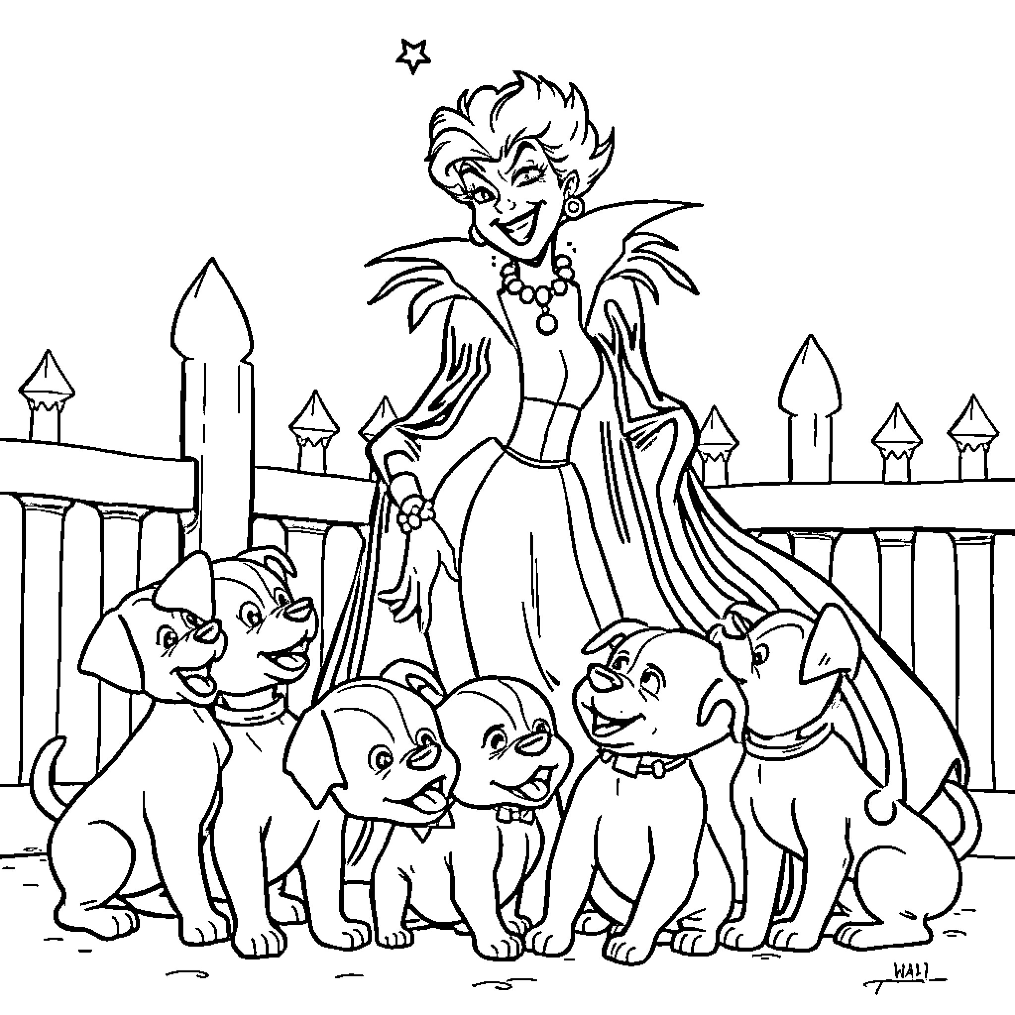 Cruella and her Dalmatian companions Coloring Page (free black-and-white line drawing printable PDF for all, from beginners to advanced learners, including children, teens, adults, and seniors)