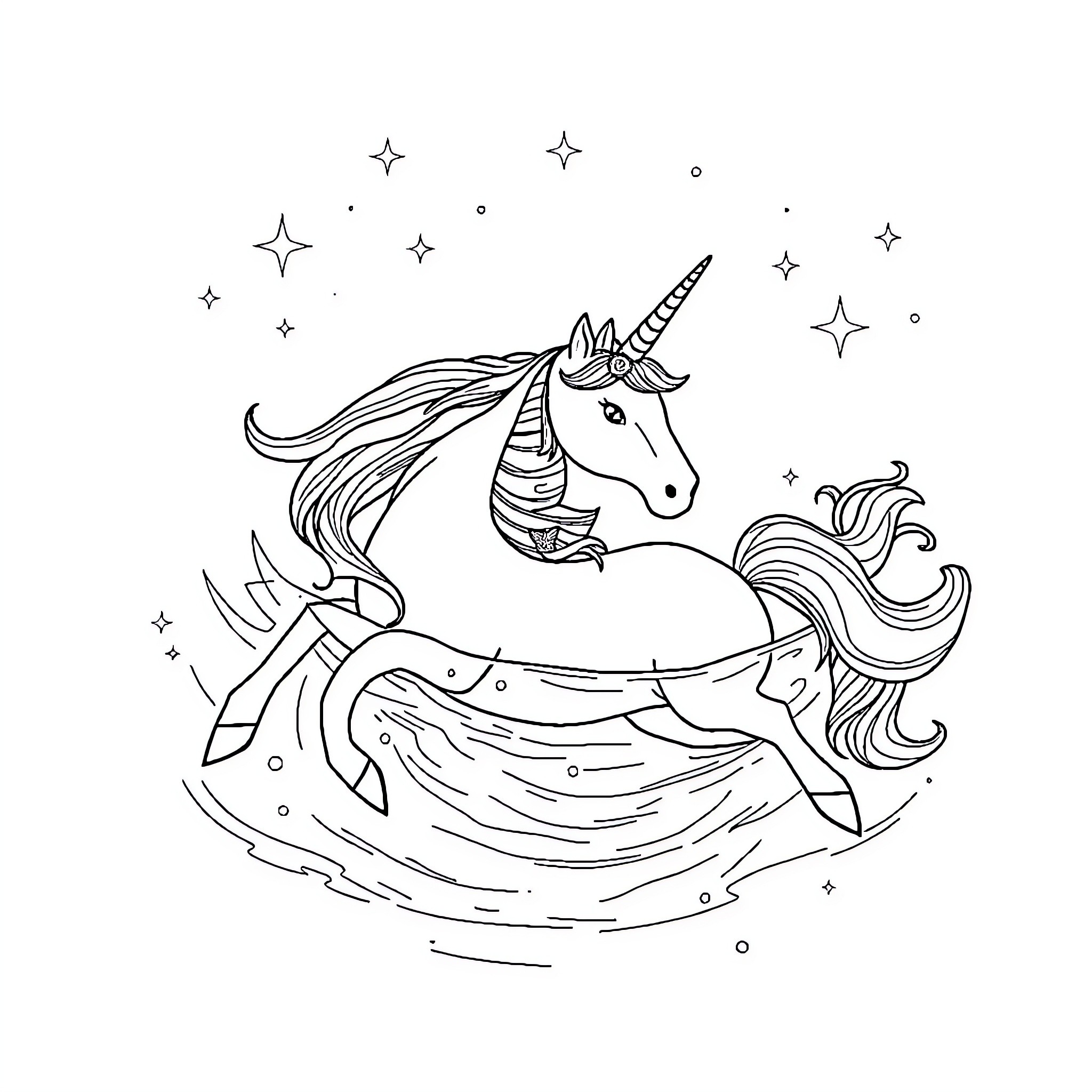 Unicorn galloping through a starry night Coloring Page (free black-and-white line drawing printable PDF for all, from beginners to advanced learners, including children, teens, adults, and seniors)