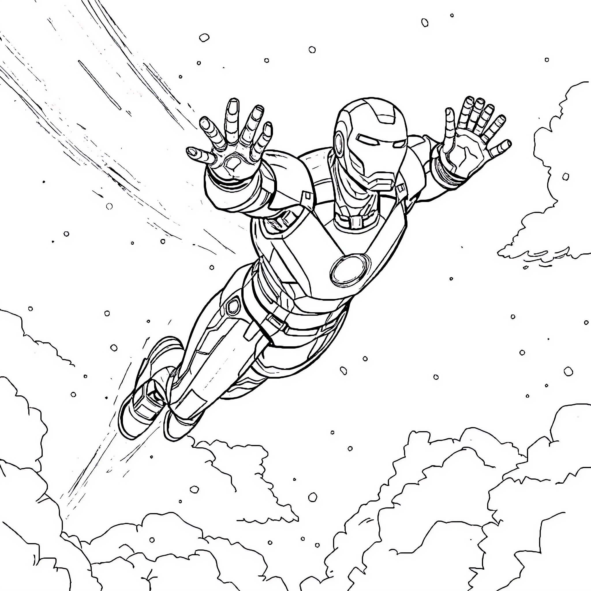 Iron Man soaring through the skies in action Coloring Page (free black-and-white line drawing printable PDF for all, from beginners to advanced learners, including children, teens, adults, and seniors)