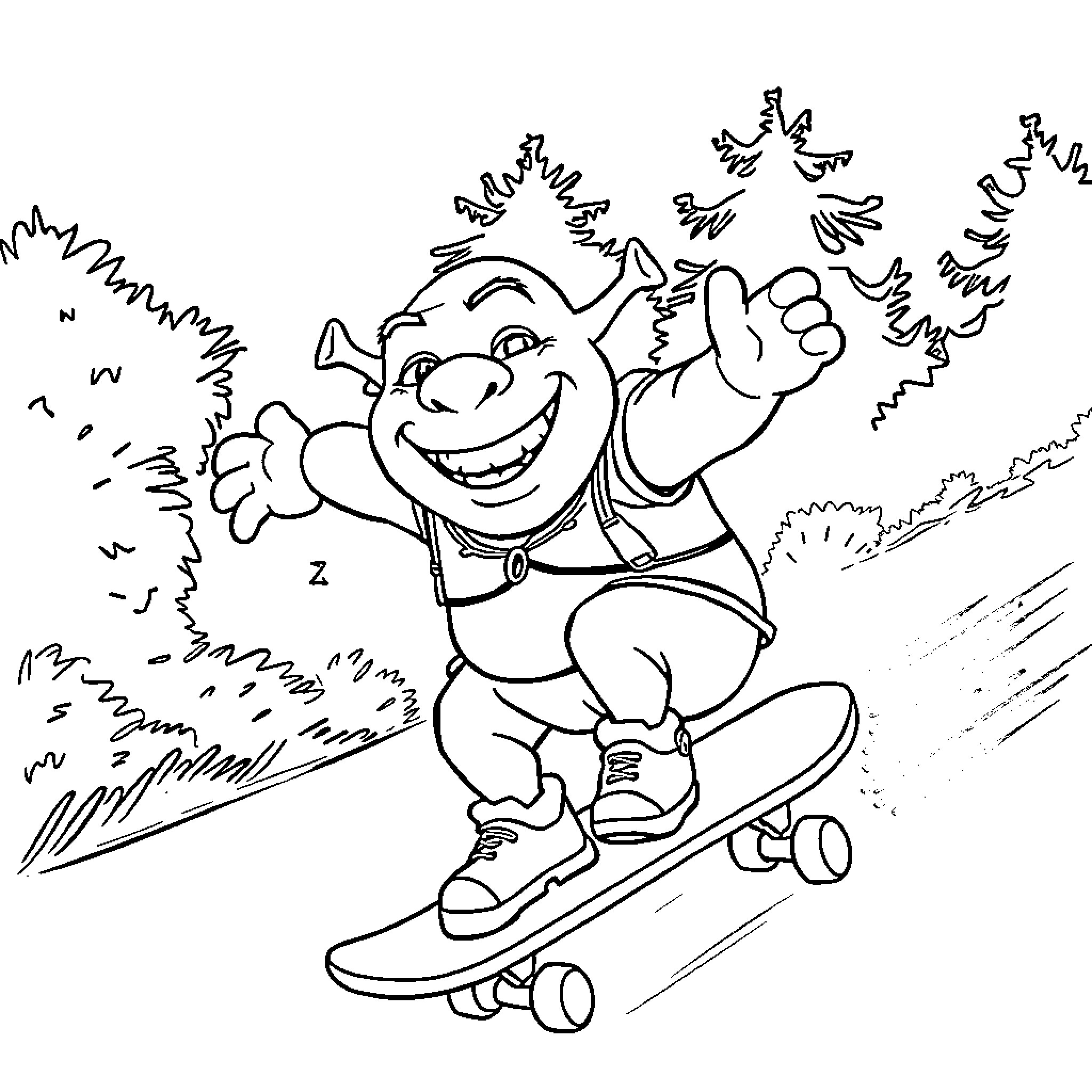Shrek skateboarding through the forest with joy Coloring Page (free black-and-white line drawing printable PDF for all, from beginners to advanced learners, including children, teens, adults, and seniors)