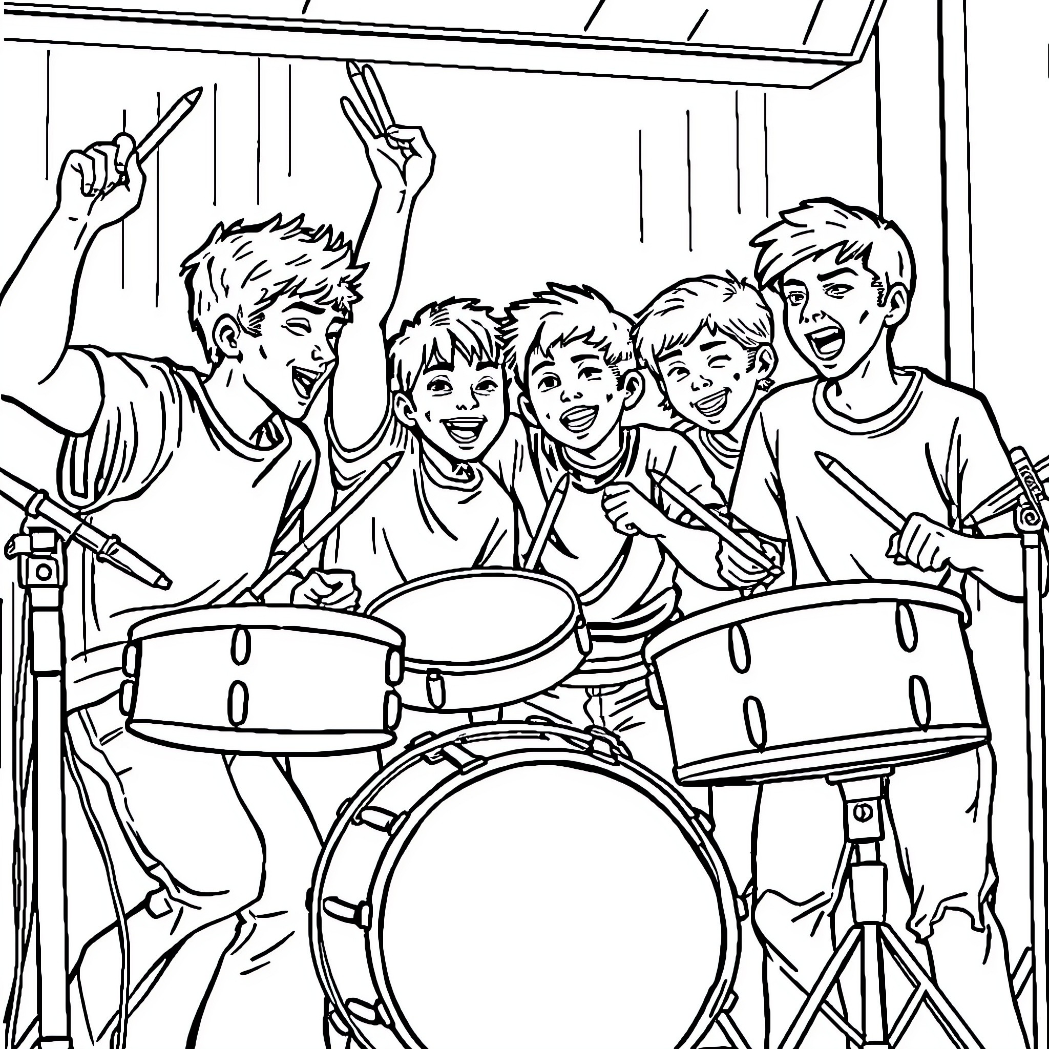 Teenagers rocking out on drums in a garage Coloring Page (free black-and-white line drawing printable PDF for all, from beginners to advanced learners, including children, teens, adults, and seniors)