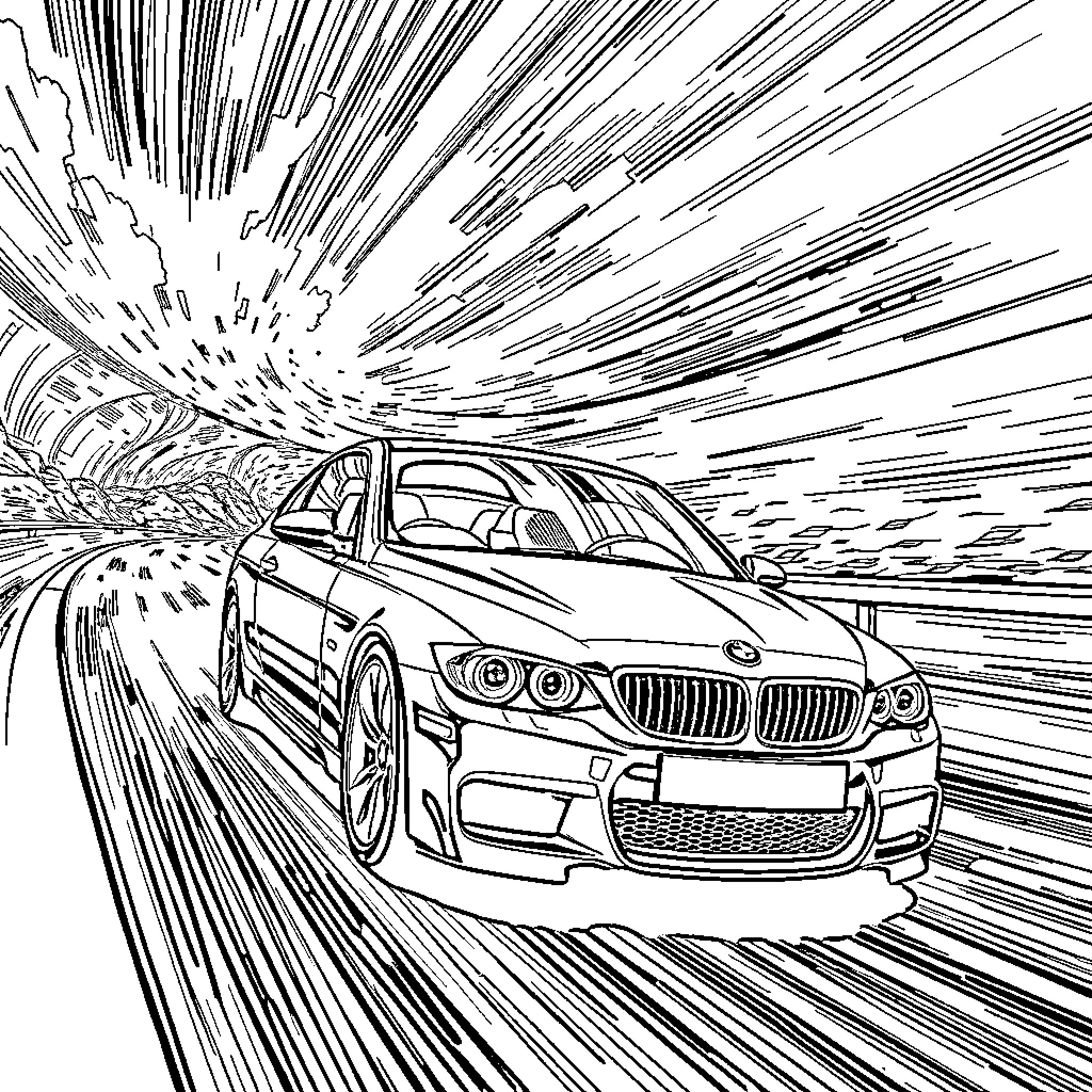 BMW racing through dynamic city landscape Coloring Page (free black-and-white line drawing printable PDF for all, from beginners to advanced learners, including children, teens, adults, and seniors)