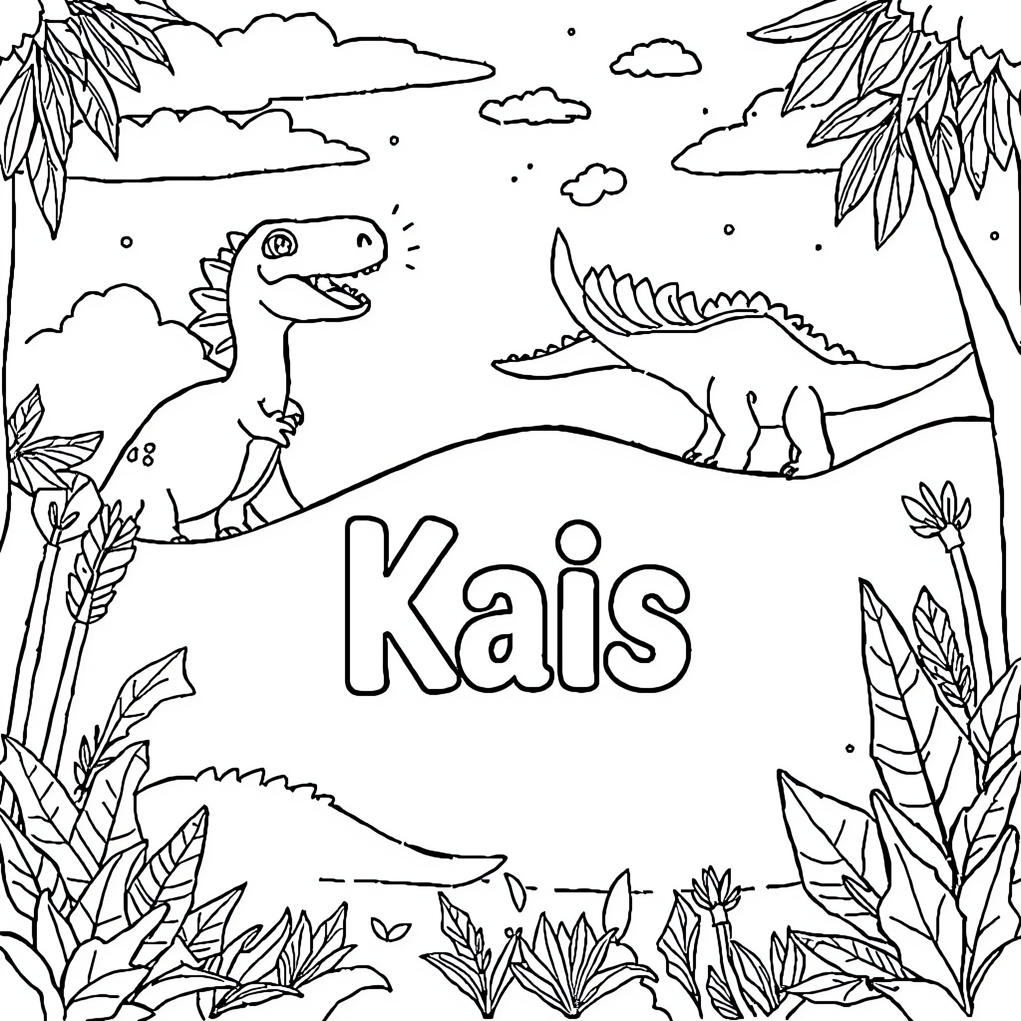 Dinosaur exploring a tropical landscape Coloring Page (free black-and-white line drawing printable PDF for all, from beginners to advanced learners, including children, teens, adults, and seniors)