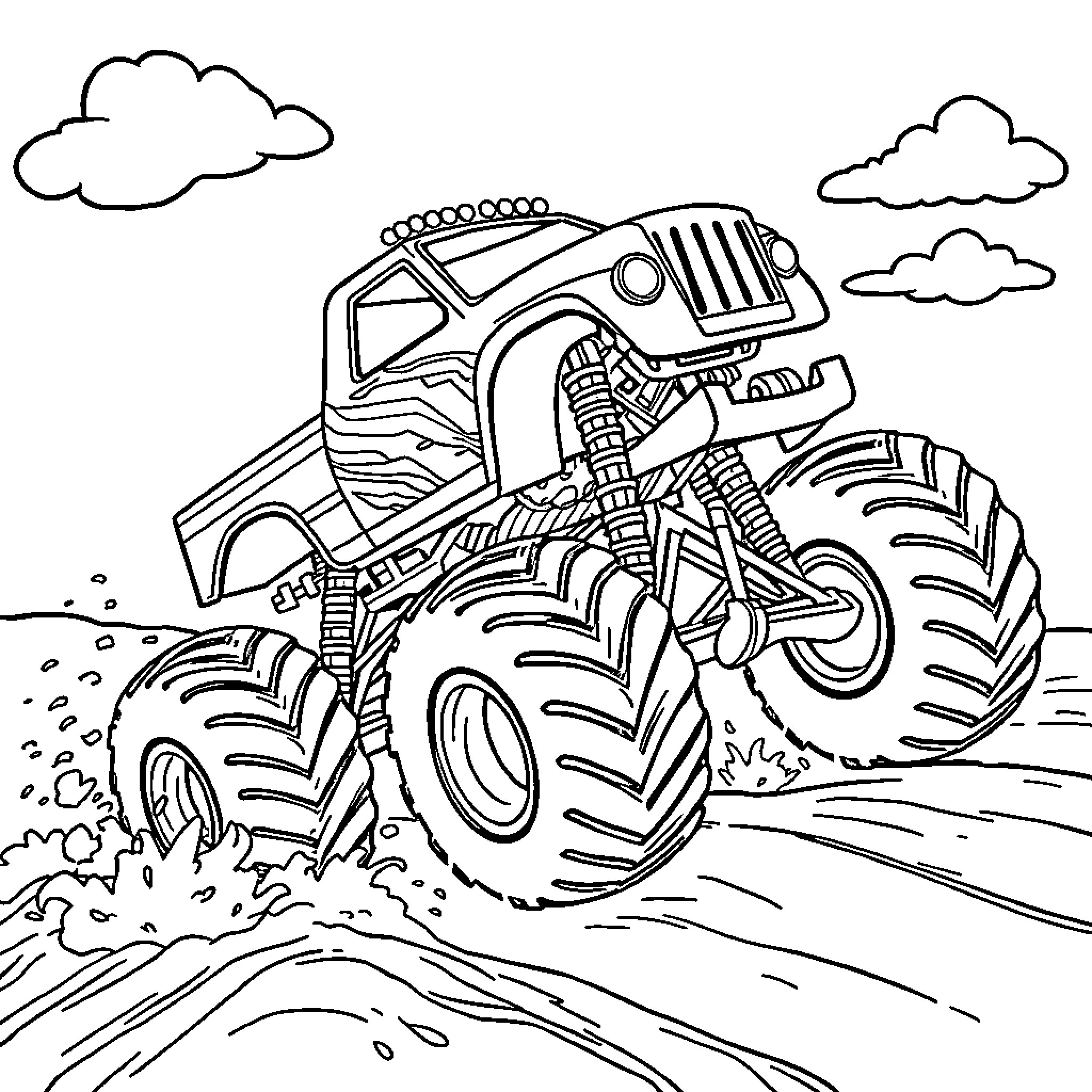 Monster Truck Driving Through Rough Terrain Coloring Page (free black-and-white line drawing printable PDF for all, from beginners to advanced learners, including children, teens, adults, and seniors)