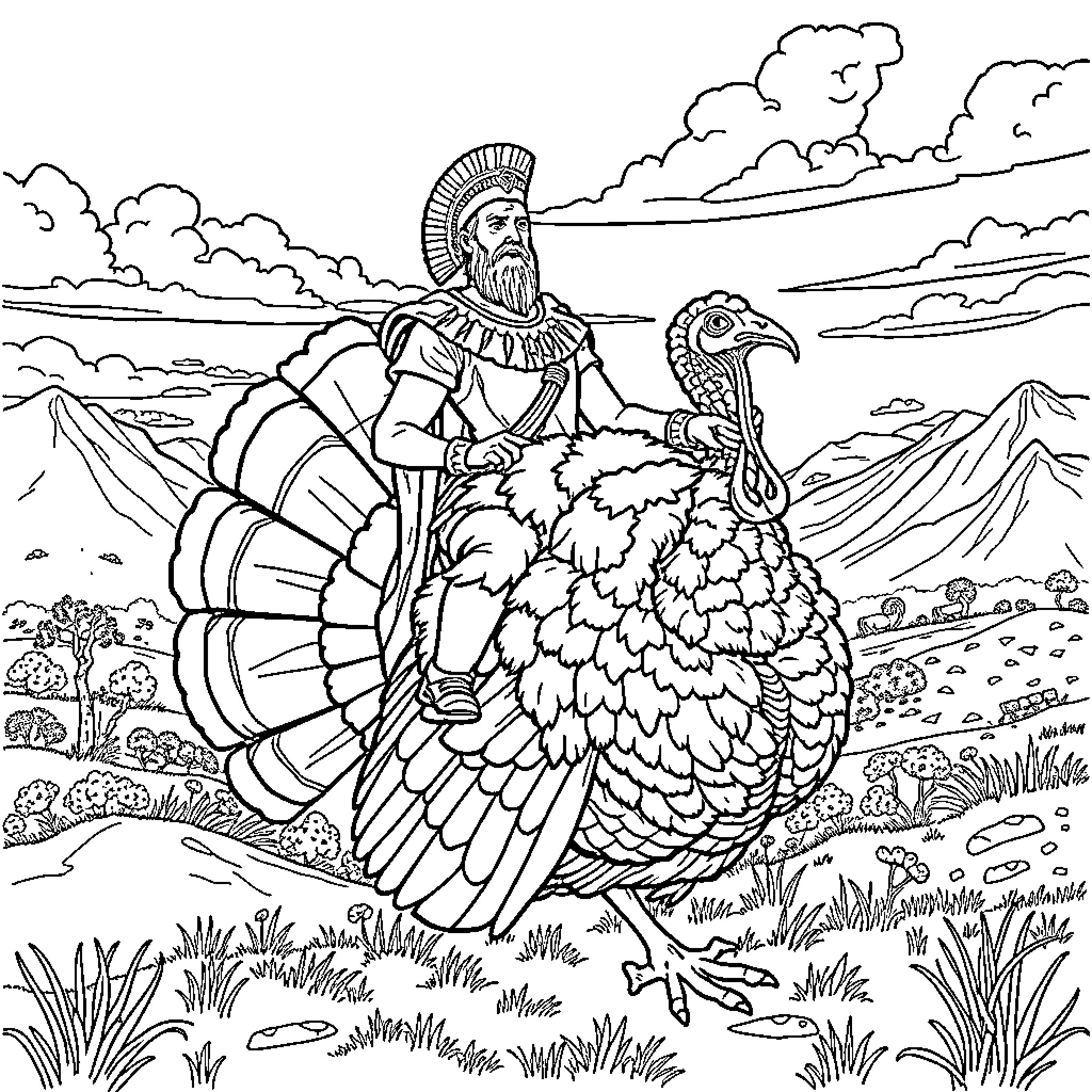 Alexander the Great Riding a Majestic Bird in the Wilderness Coloring Page (free black-and-white line drawing printable PDF for all, from beginners to advanced learners, including children, teens, adults, and seniors)