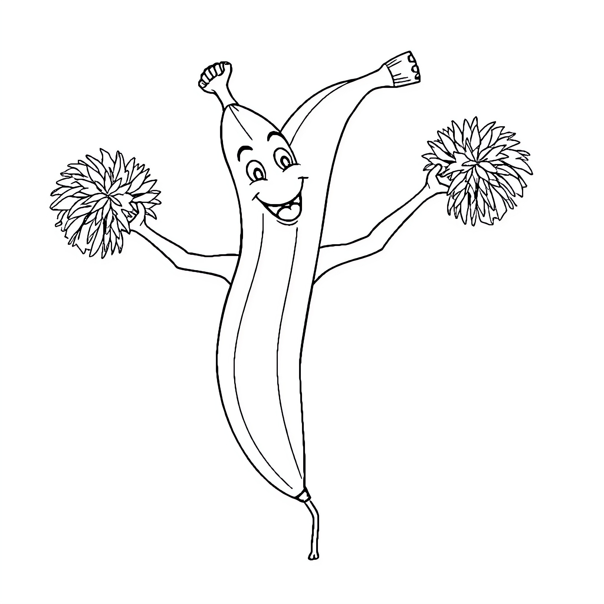 Banana cheerfully waving pompoms Coloring Page (free black-and-white line drawing printable PDF for all, from beginners to advanced learners, including children, teens, adults, and seniors)