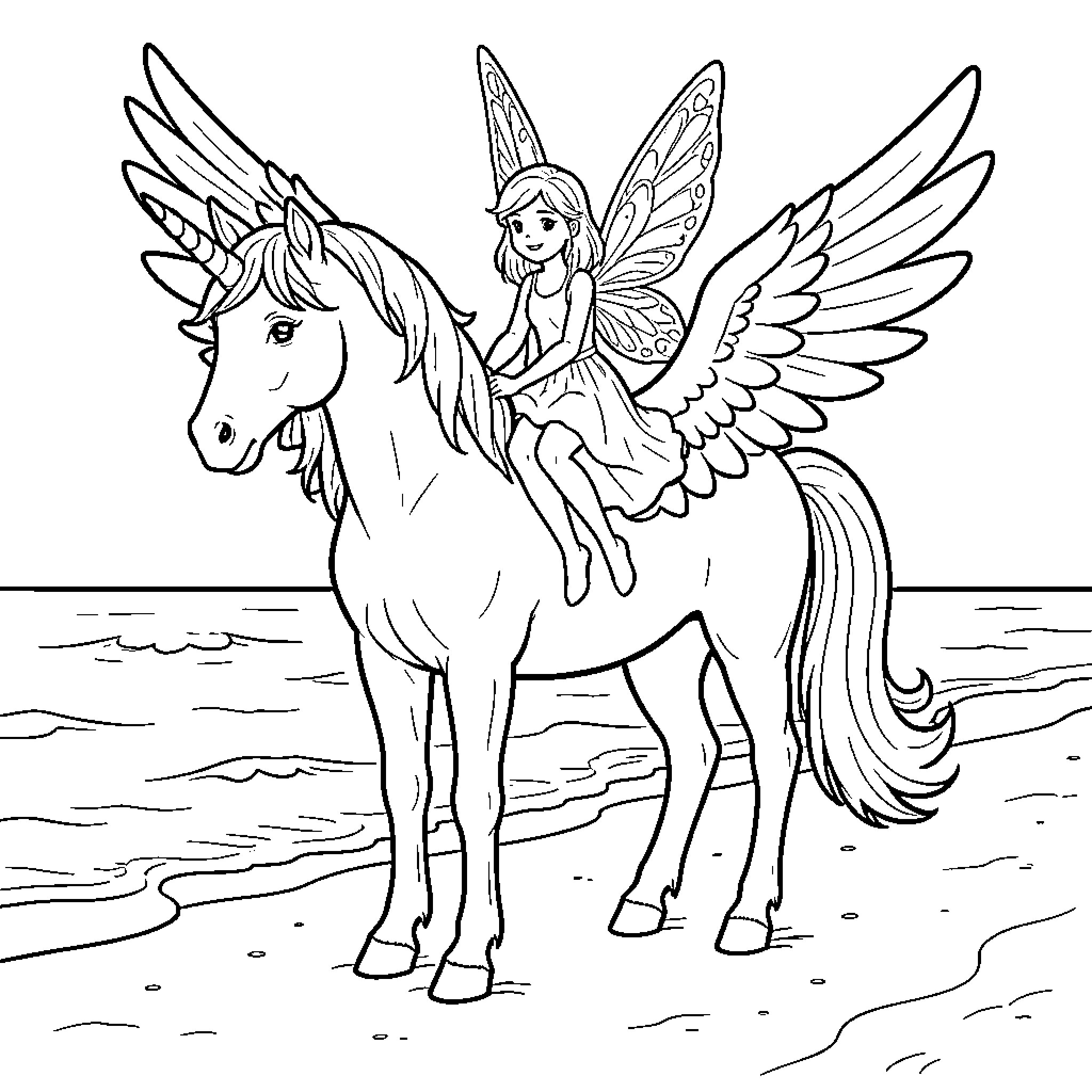 Licorne with a fairy riding on its back Coloring Page (free black-and-white line drawing printable PDF for all, from beginners to advanced learners, including children, teens, adults, and seniors)