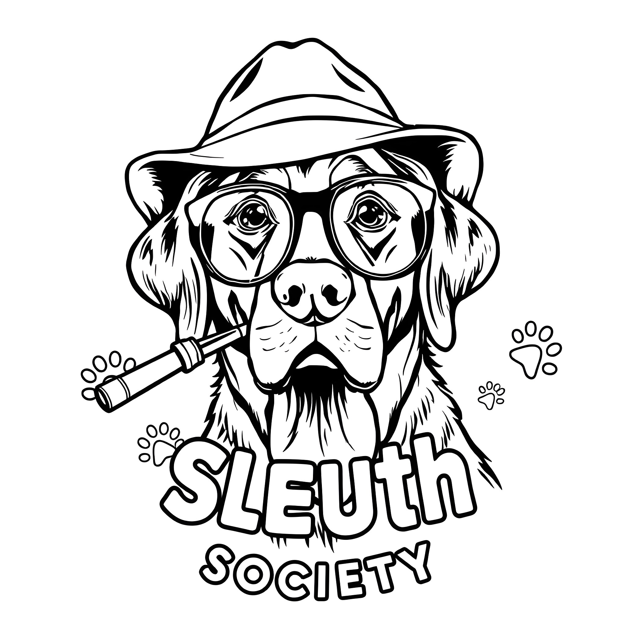 Labrador Retriever Investigator in Detective Hat Coloring Page (free black-and-white line drawing printable PDF for all, from beginners to advanced learners, including children, teens, adults, and seniors)