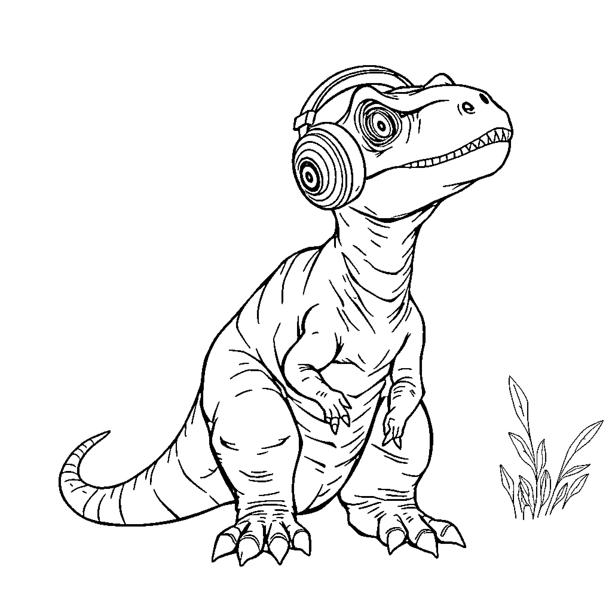 Velociraptor wearing headphones and listening to music Coloring Page (free black-and-white line drawing printable PDF for all, from beginners to advanced learners, including children, teens, adults, and seniors)