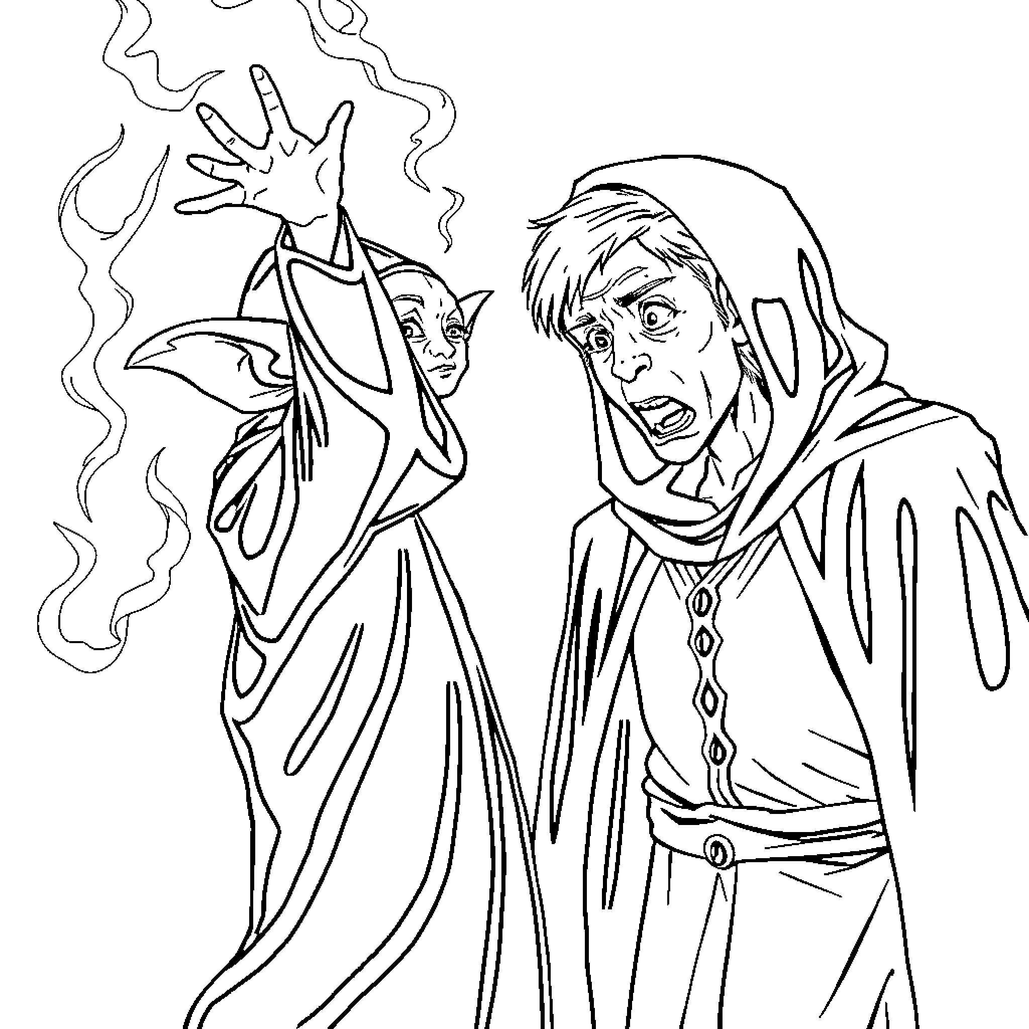 Dobby the House-Elf Appearing Before a Wizard Coloring Page (free black-and-white line drawing printable PDF for all, from beginners to advanced learners, including children, teens, adults, and seniors)