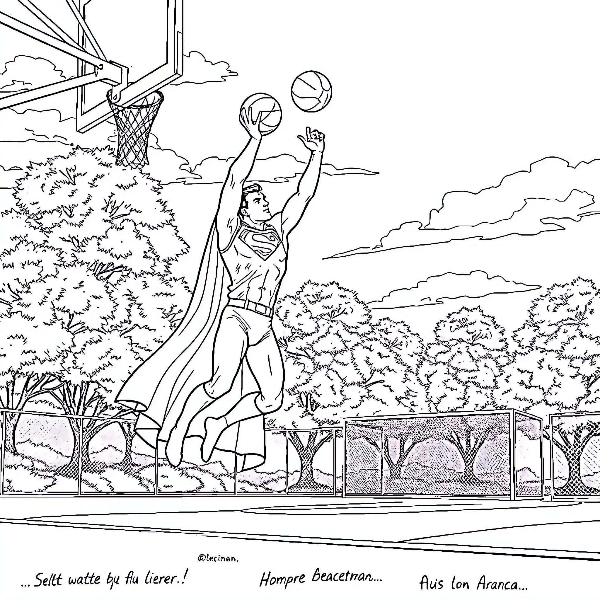 Superman dunking a basketball on the court Coloring Page (free black-and-white line drawing printable PDF for all, from beginners to advanced learners, including children, teens, adults, and seniors)