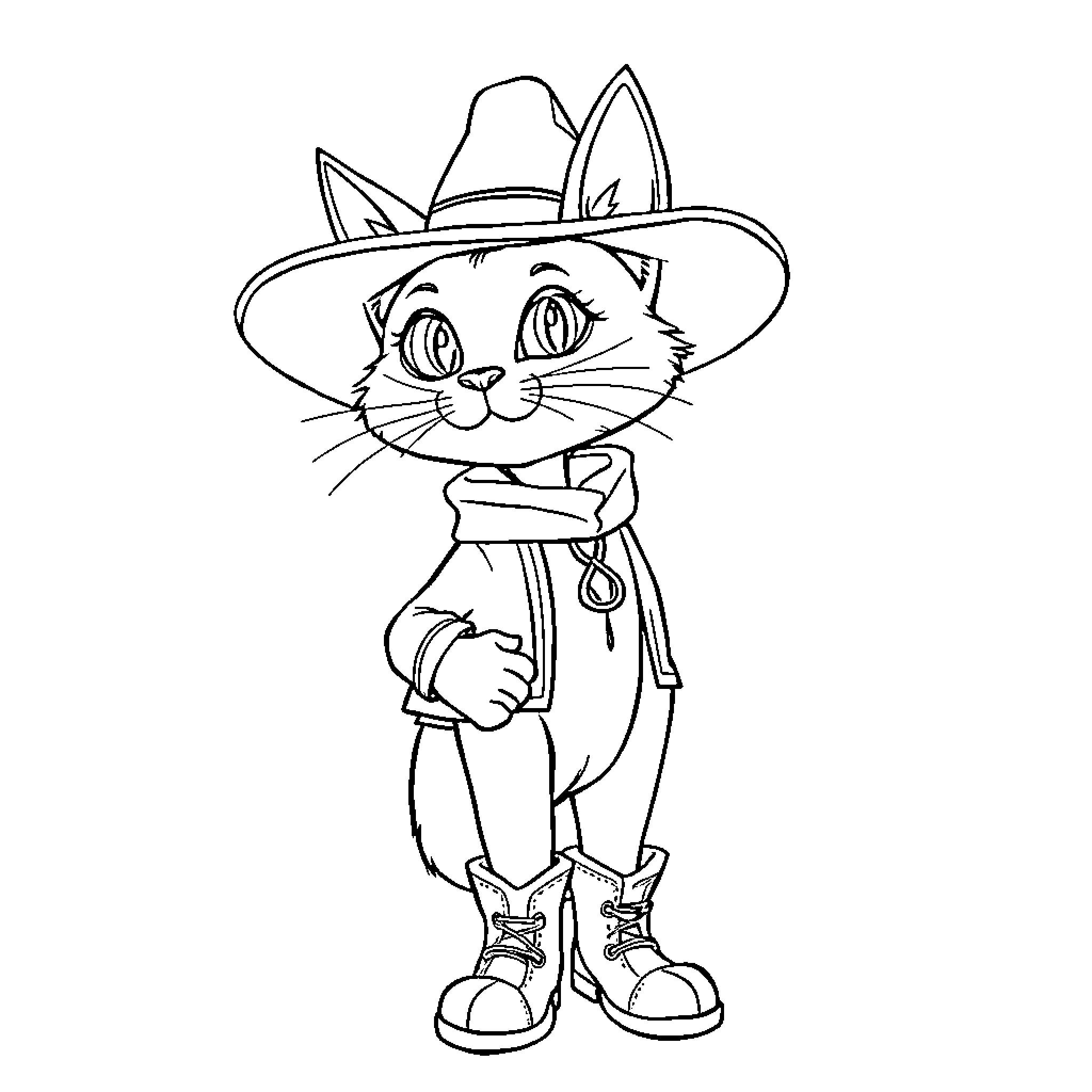 Cat in Cowboy Outfit Coloring Page (free black-and-white line drawing printable PDF for all, from beginners to advanced learners, including children, teens, adults, and seniors)