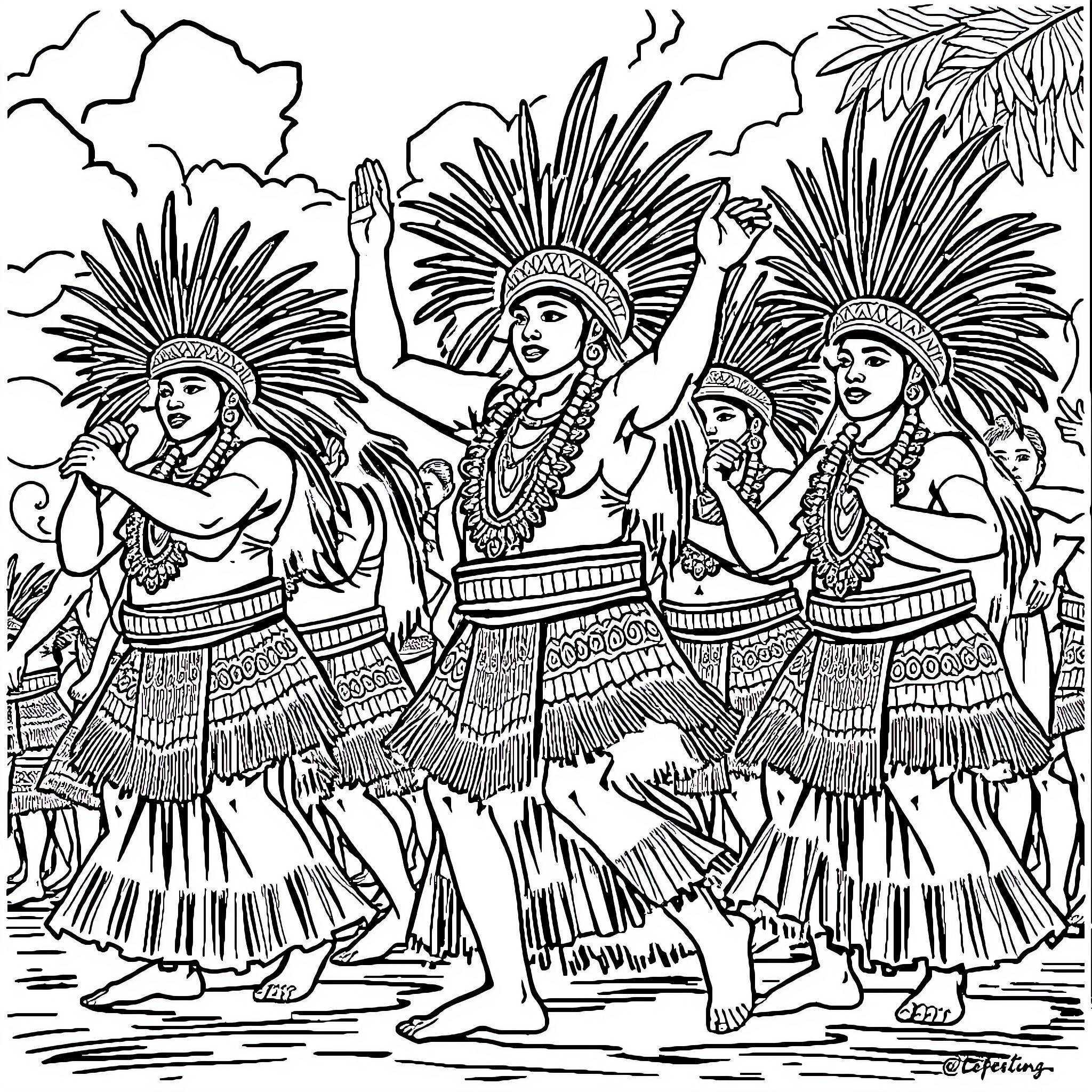 Kapahaka performance with dancers in traditional outfits Coloring Page (free black-and-white line drawing printable PDF for all, from beginners to advanced learners, including children, teens, adults, and seniors)