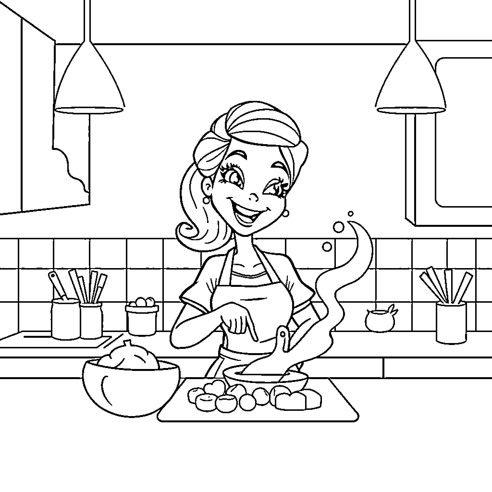 Character Preparing a Meal in the Kitchen Coloring Page (free black-and-white line drawing printable PDF for all, from beginners to advanced learners, including children, teens, adults, and seniors)