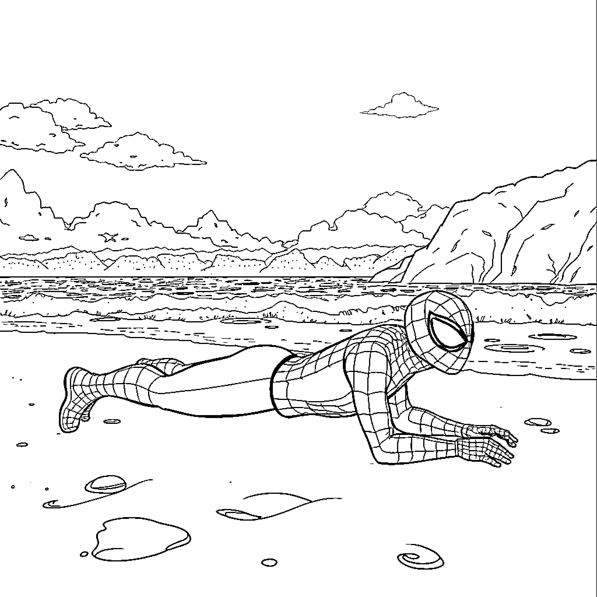 Spiderman resting on a rocky beach Coloring Page (free black-and-white line drawing printable PDF for all, from beginners to advanced learners, including children, teens, adults, and seniors)
