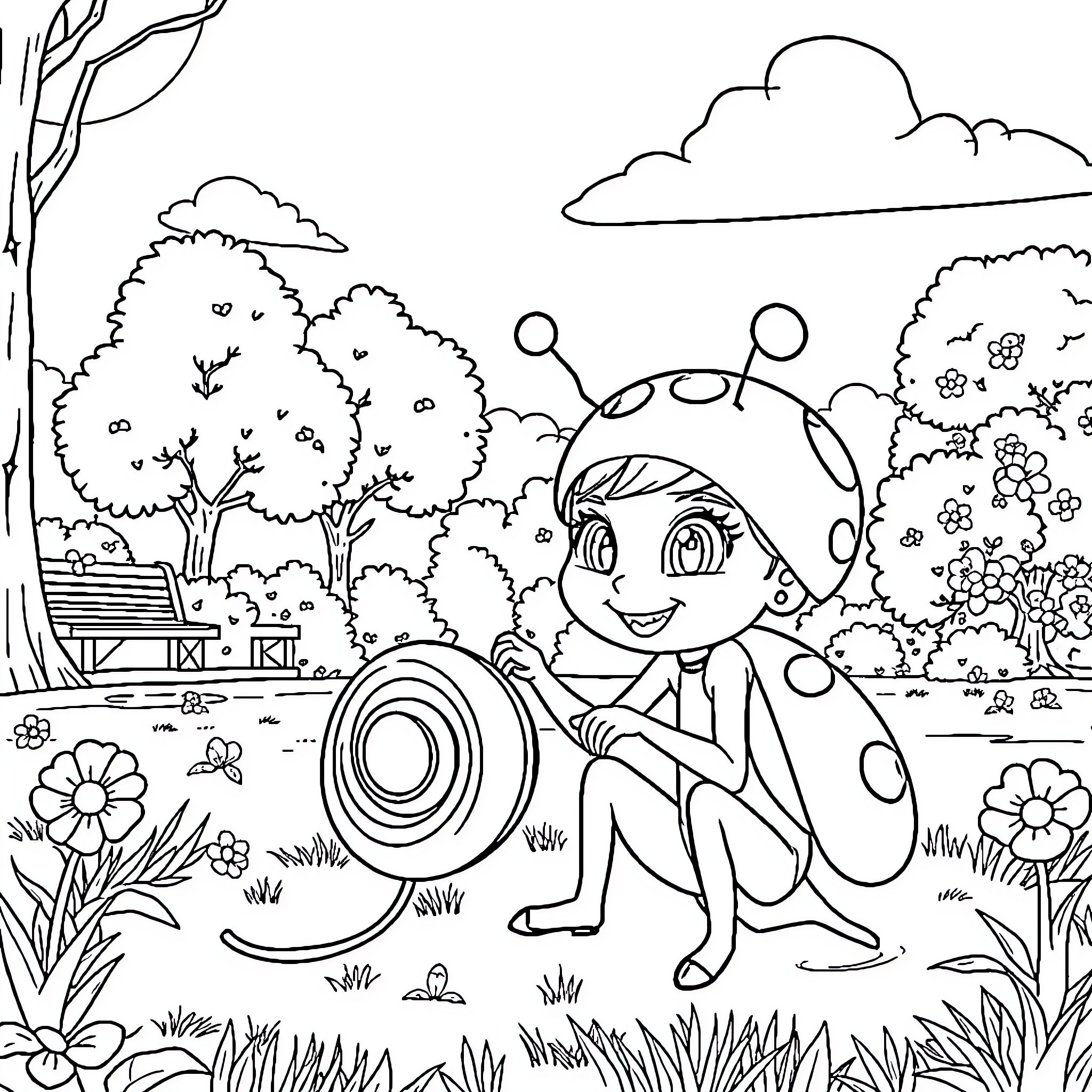 Ladybug exploring the colorful garden Coloring Page (free black-and-white line drawing printable PDF for all, from beginners to advanced learners, including children, teens, adults, and seniors)