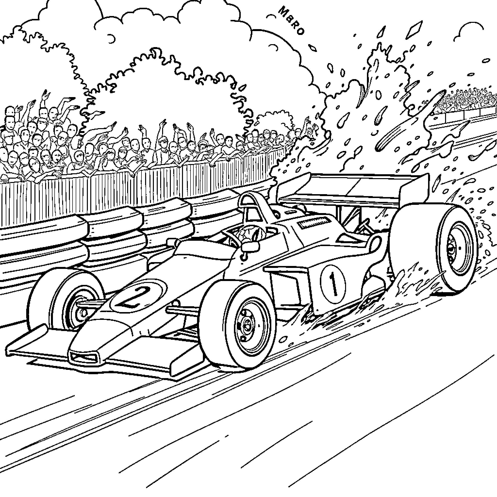 Lando Norris racing car speeding through the circuit Coloring Page (free black-and-white line drawing printable PDF for all, from beginners to advanced learners, including children, teens, adults, and seniors)