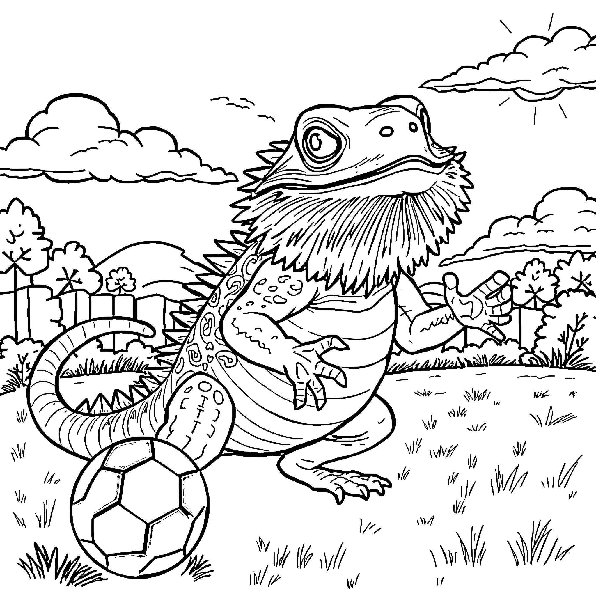 Bearded Dragon playing with soccer ball in nature Coloring Page (free black-and-white line drawing printable PDF for all, from beginners to advanced learners, including children, teens, adults, and seniors)