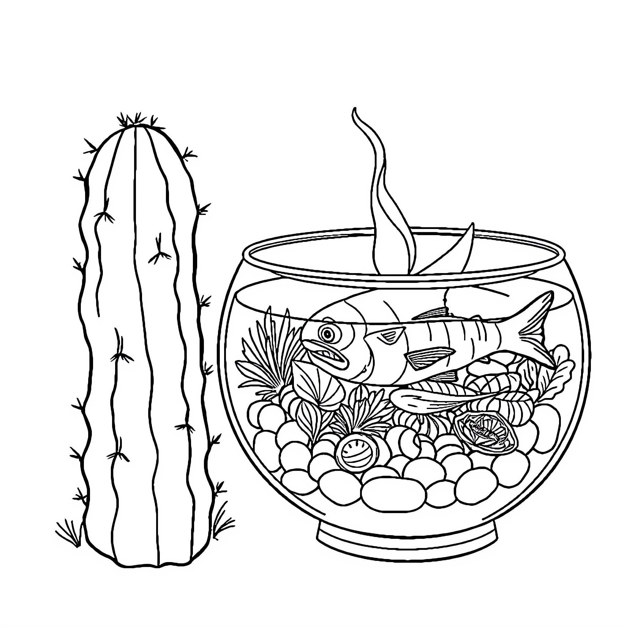 Cactus and Fish in Aquarium Coloring Page (free black-and-white line drawing printable PDF for all, from beginners to advanced learners, including children, teens, adults, and seniors)