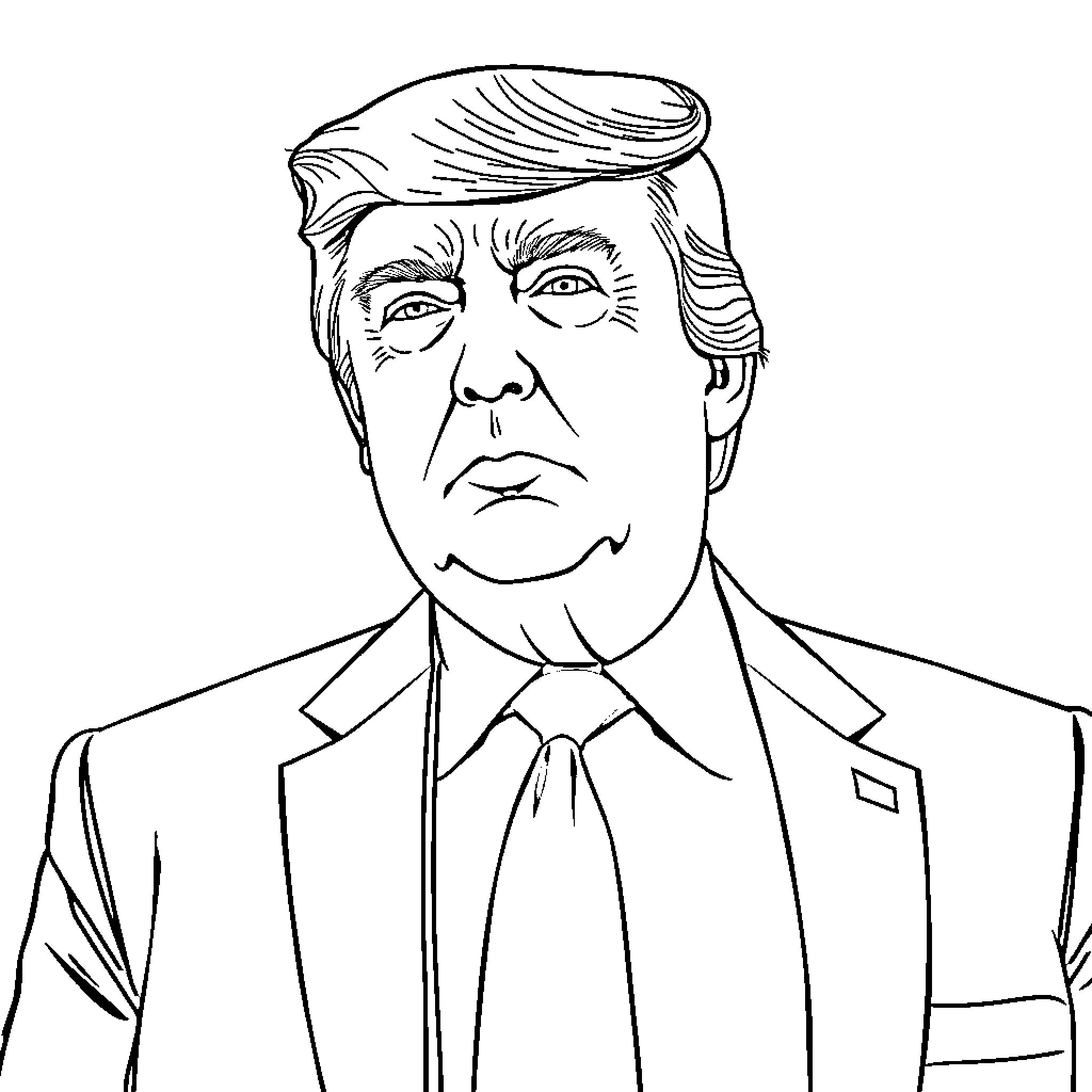 Trump's Stern Expression and Formal Attire Coloring Page (free black-and-white line drawing printable PDF for all, from beginners to advanced learners, including children, teens, adults, and seniors)