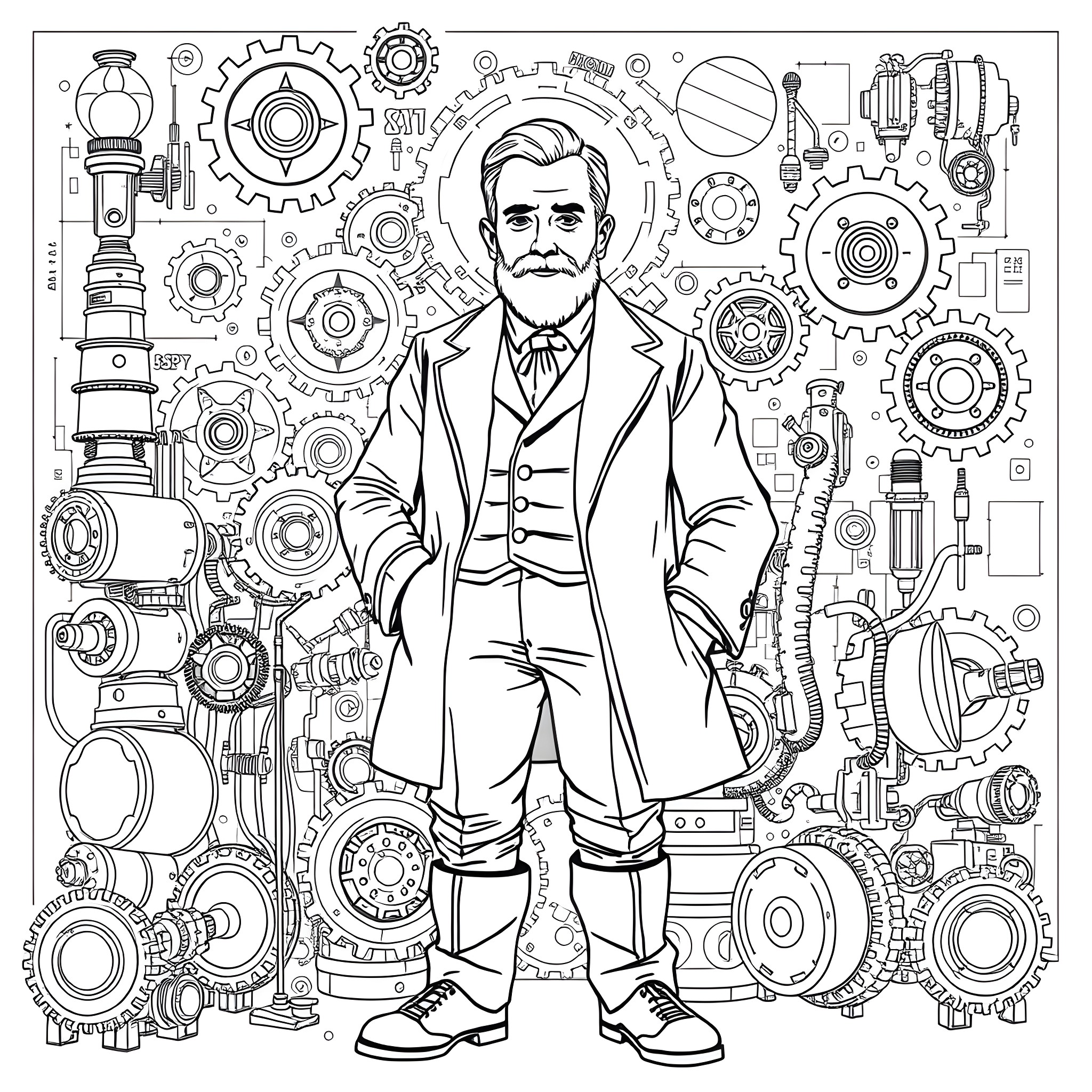 Nikola Tsolov surrounded by mechanical elements Coloring Page (free black-and-white line drawing printable PDF for all, from beginners to advanced learners, including children, teens, adults, and seniors)