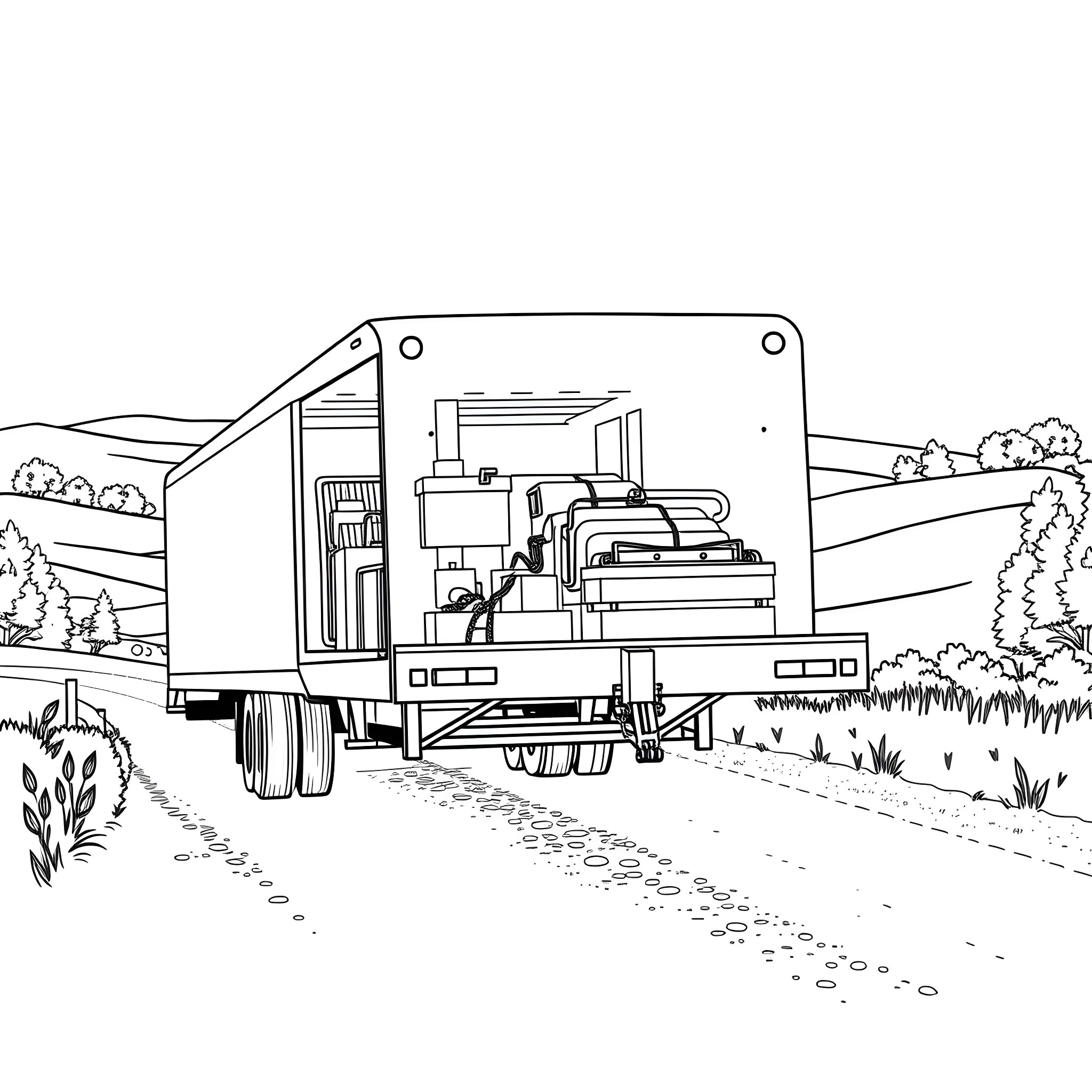 Gooseneck Trailer carrying large machinery on a rural road Coloring Page (free black-and-white line drawing printable PDF for all, from beginners to advanced learners, including children, teens, adults, and seniors)