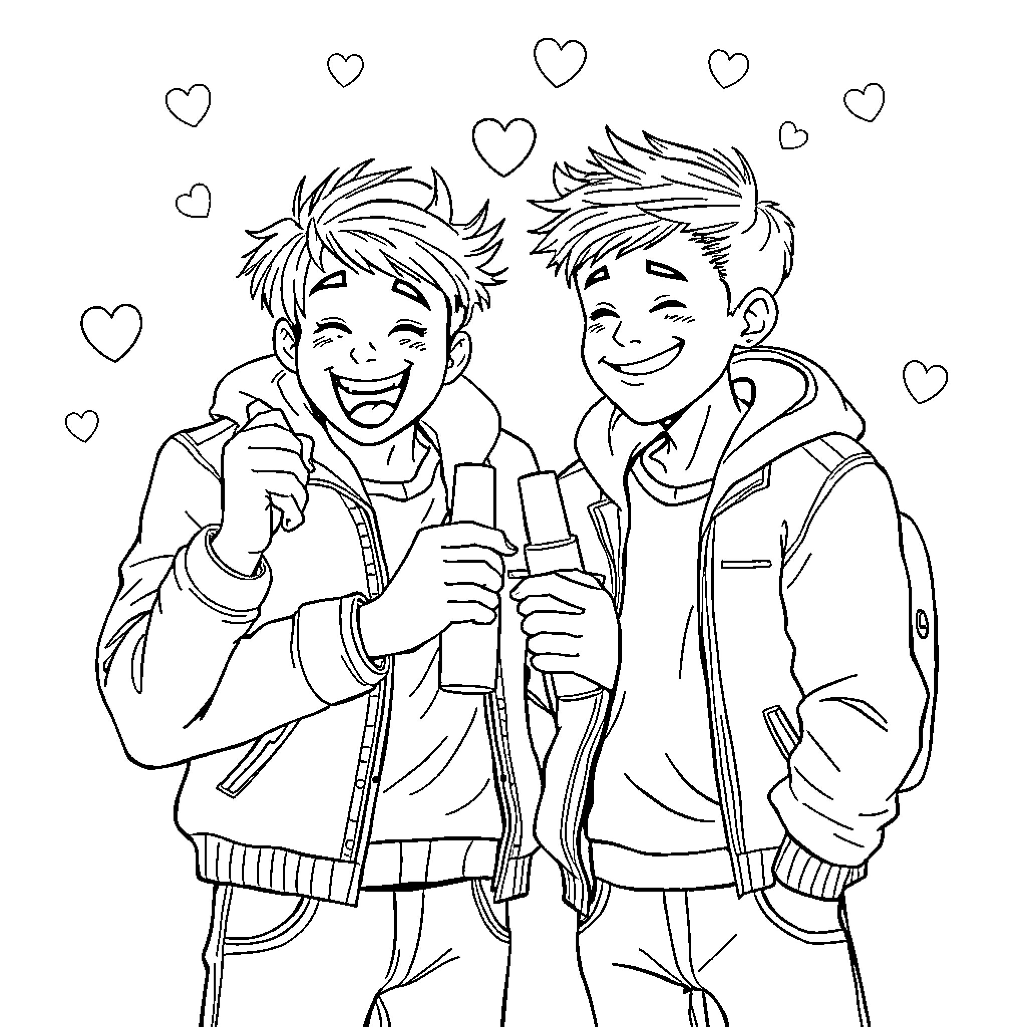 Brother Enjoying Time Together with Hearts Coloring Page (free black-and-white line drawing printable PDF for all, from beginners to advanced learners, including children, teens, adults, and seniors)
