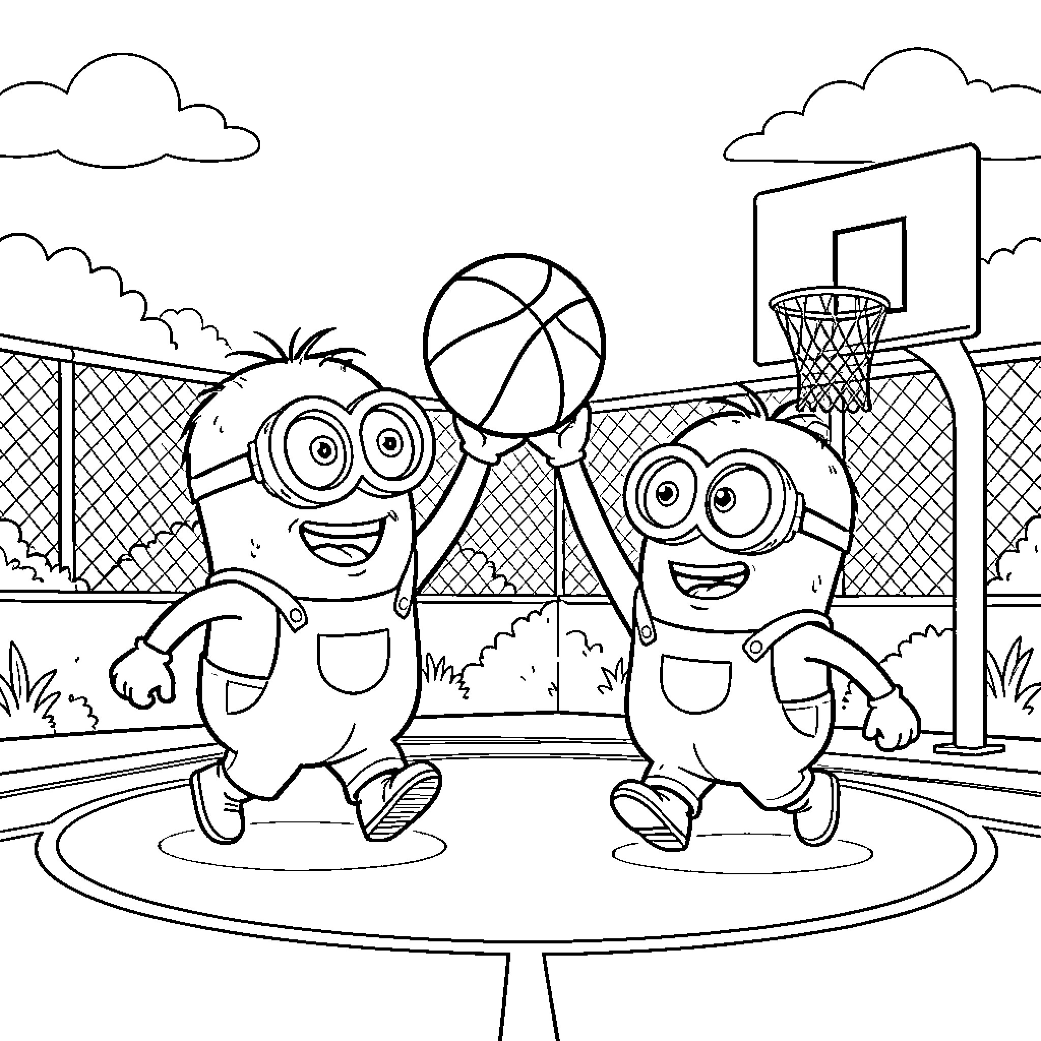 Minions Enjoying a Game of Basketball Coloring Page (free black-and-white line drawing printable PDF for all, from beginners to advanced learners, including children, teens, adults, and seniors)