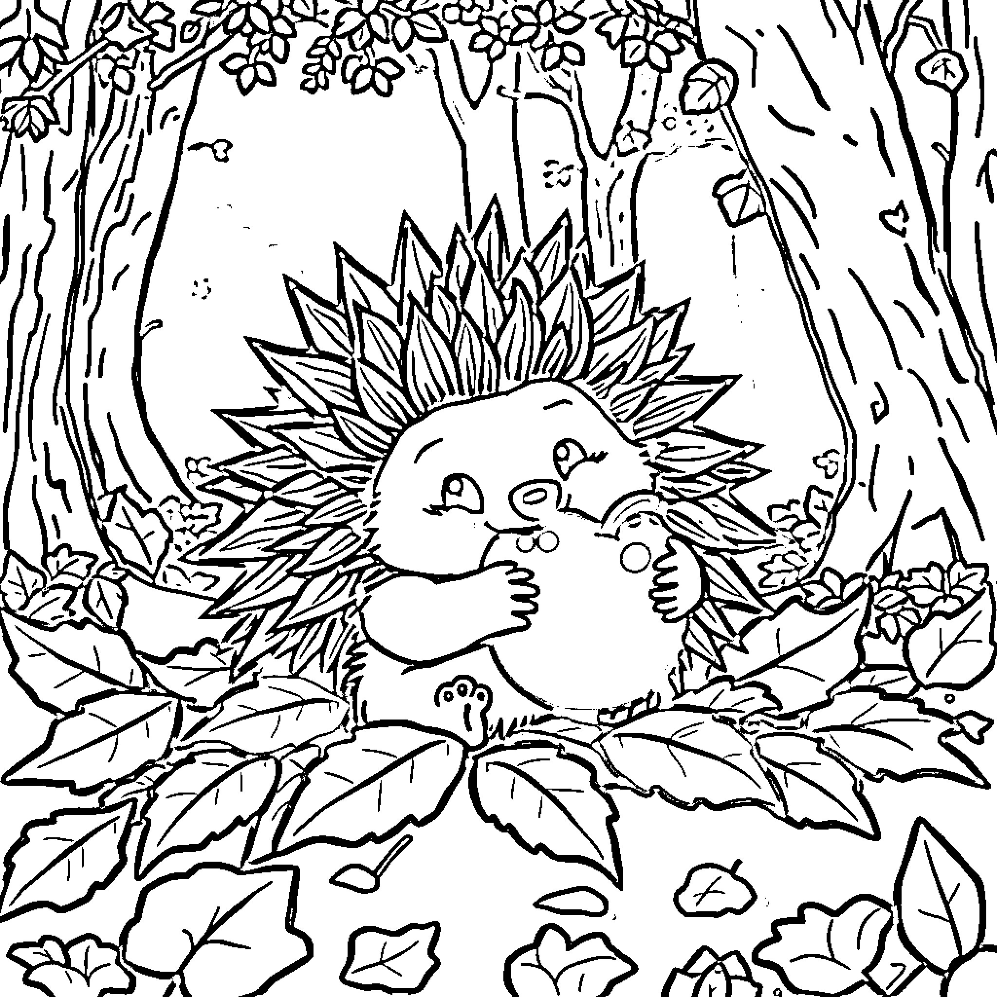 Hedgehog snuggled in a floral forest scene Coloring Page (free black-and-white line drawing printable PDF for all, from beginners to advanced learners, including children, teens, adults, and seniors)