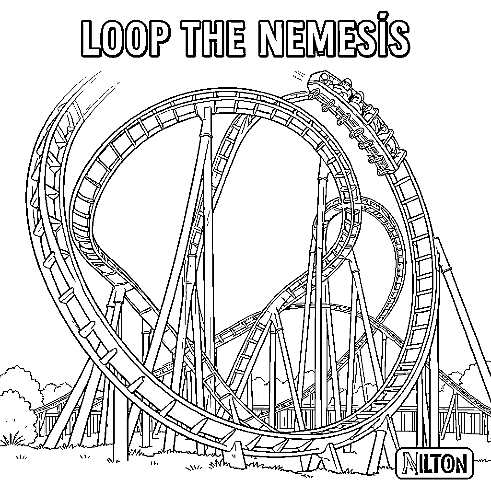 Nemesis roller coaster looping through the sky Coloring Page (free black-and-white line drawing printable PDF for all, from beginners to advanced learners, including children, teens, adults, and seniors)
