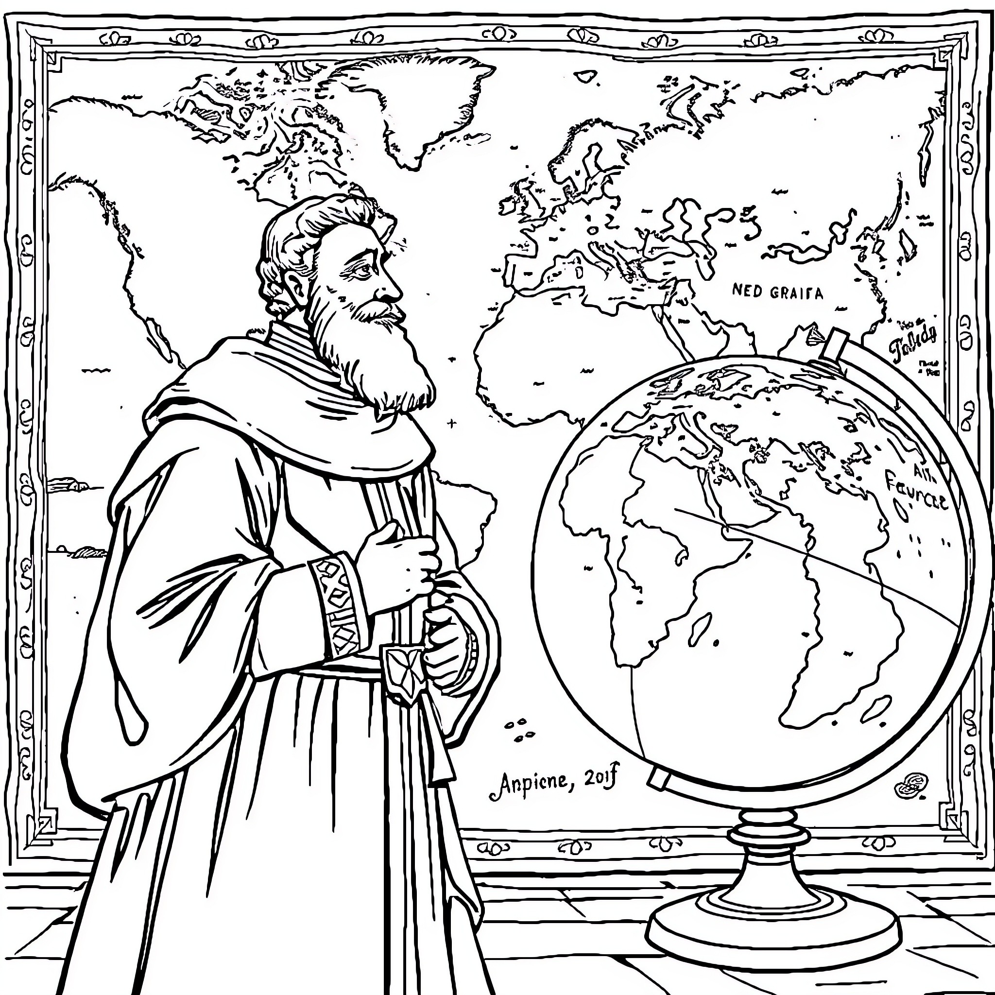 Amerigo Vespucci examining a globe of the world Coloring Page (free black-and-white line drawing printable PDF for all, from beginners to advanced learners, including children, teens, adults, and seniors)