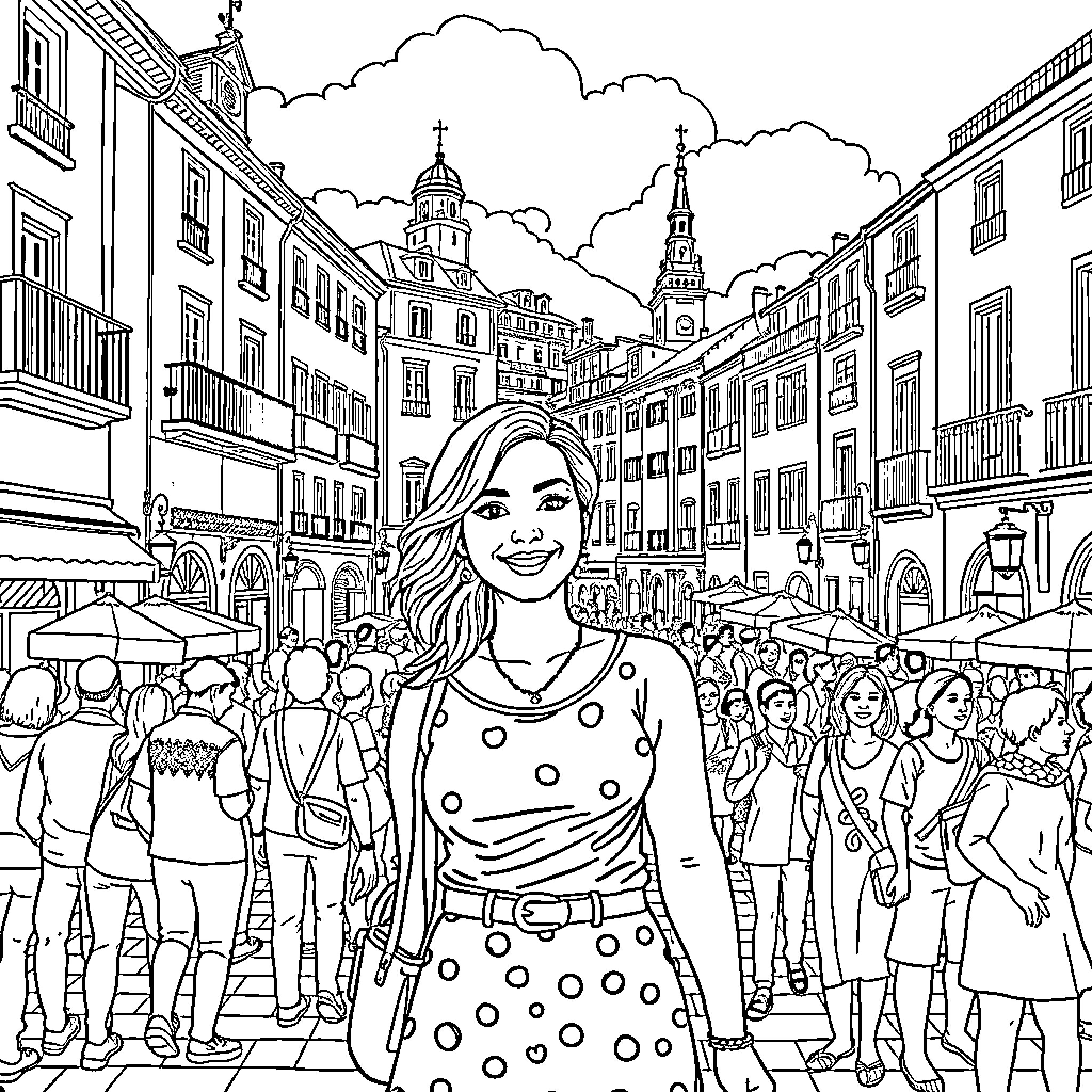 Luisa enjoying the bustling city life Coloring Page (free black-and-white line drawing printable PDF for all, from beginners to advanced learners, including children, teens, adults, and seniors)