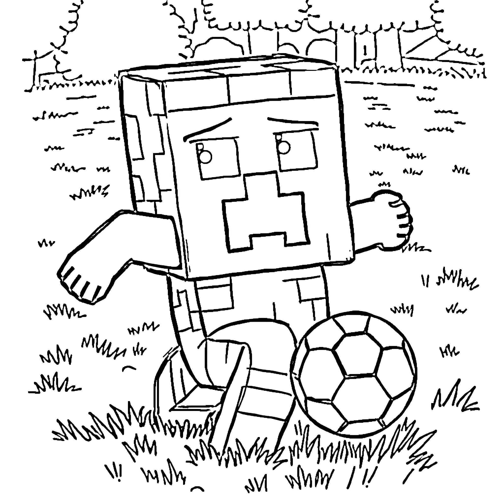 Creeper playing soccer in the park Coloring Page (free black-and-white line drawing printable PDF for all, from beginners to advanced learners, including children, teens, adults, and seniors)