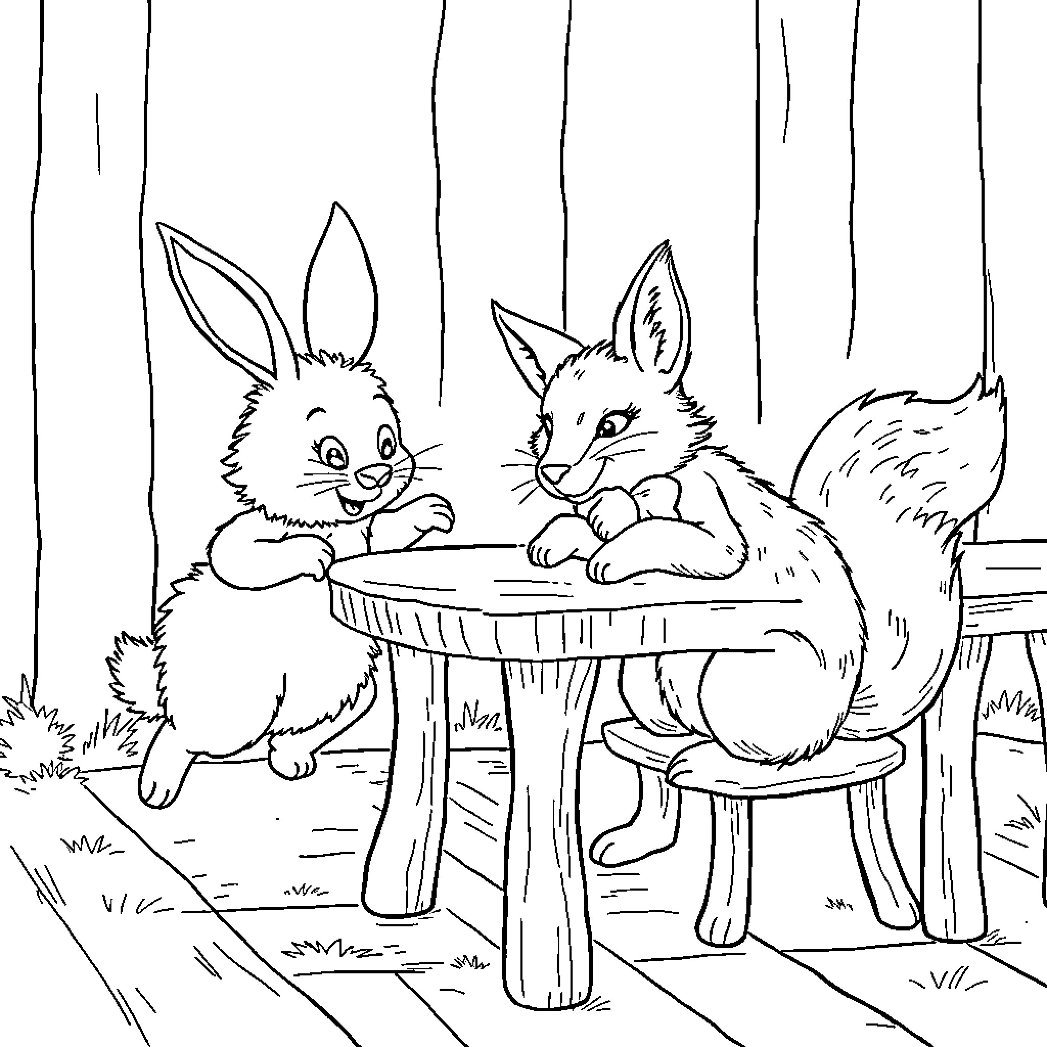 Rabbits resting on wooden furniture in the forest Coloring Page (free black-and-white line drawing printable PDF for all, from beginners to advanced learners, including children, teens, adults, and seniors)