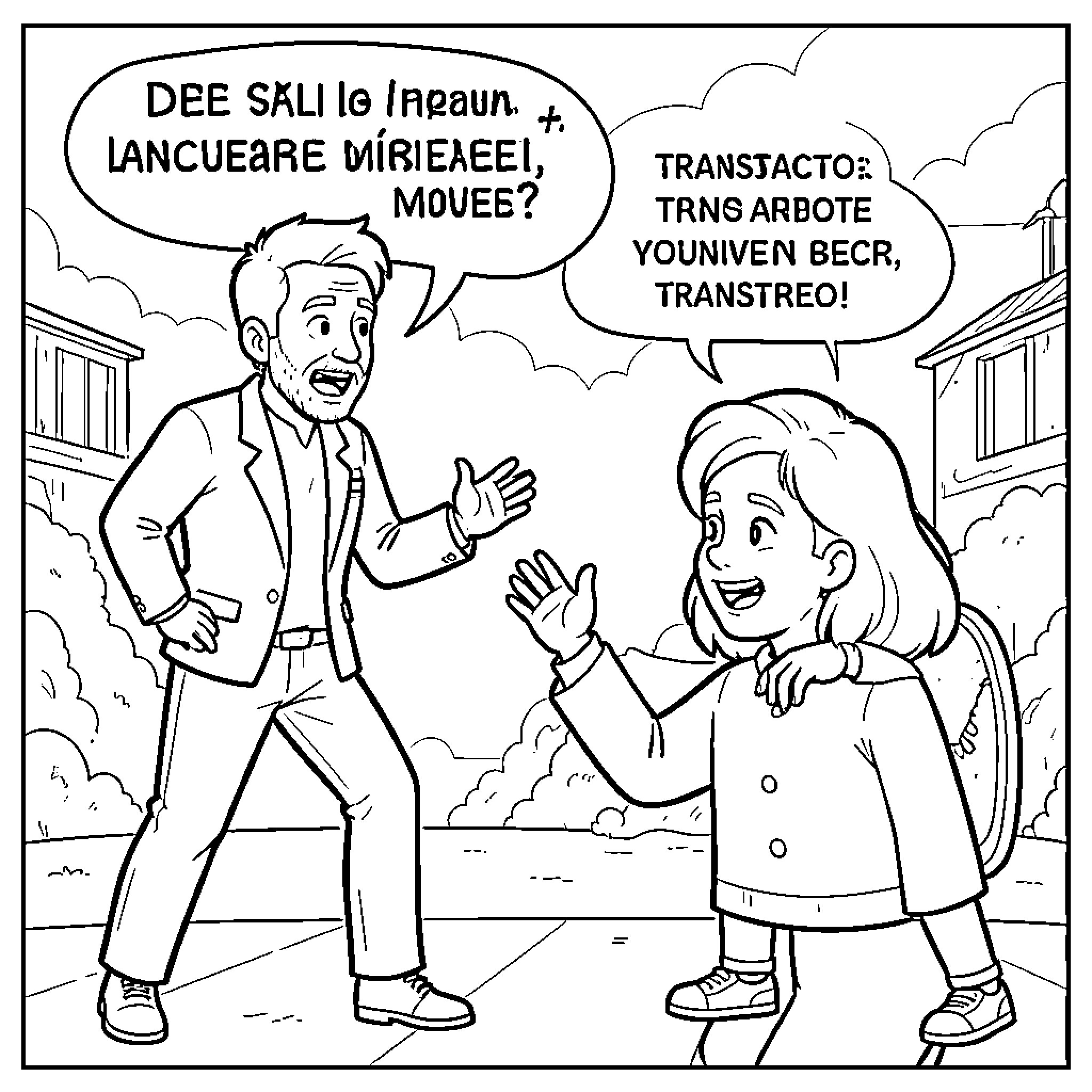 Language conversation between a man and a girl Coloring Page (free black-and-white line drawing printable PDF for all, from beginners to advanced learners, including children, teens, adults, and seniors)