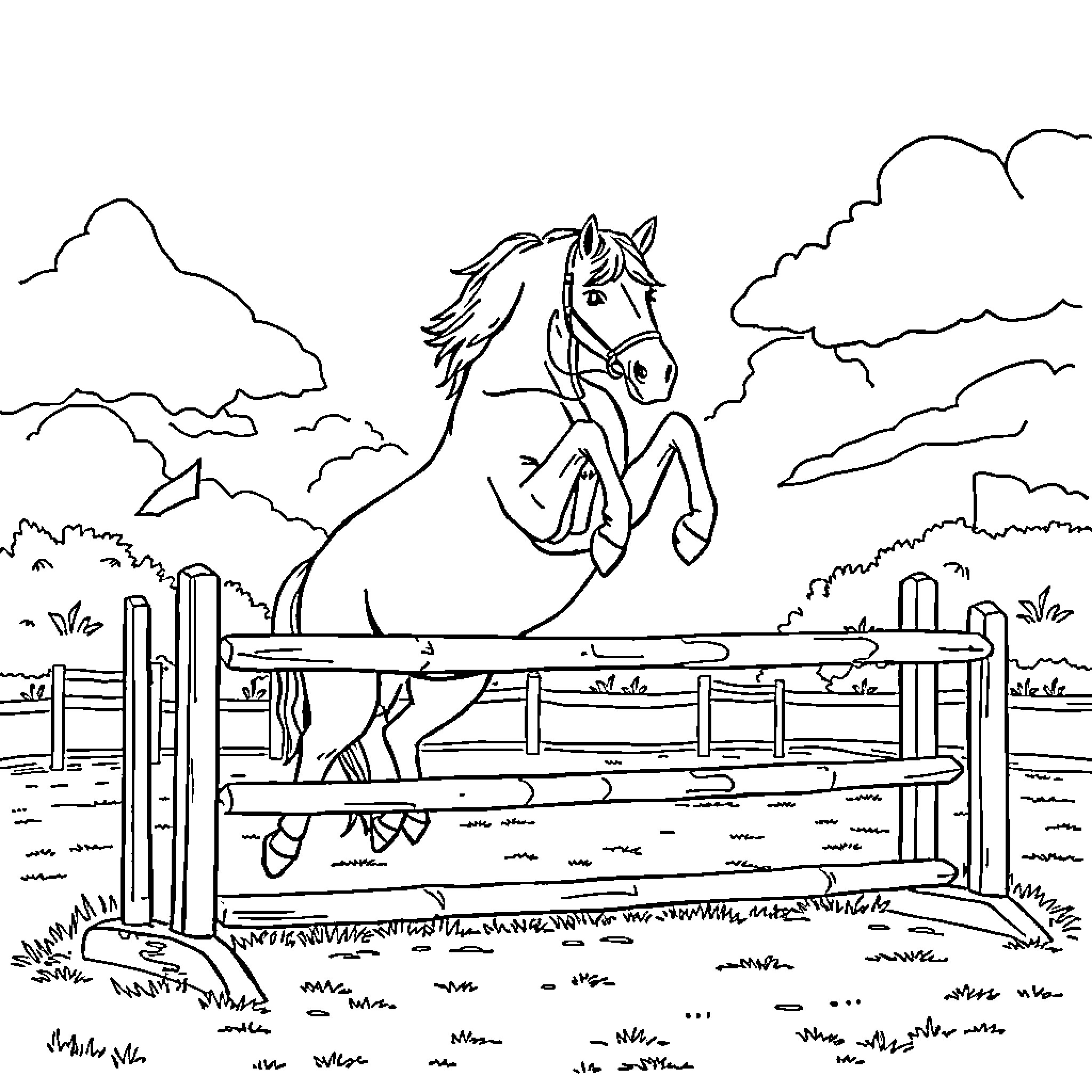 Horse jumping over fence in rural scene Coloring Page (free black-and-white line drawing printable PDF for all, from beginners to advanced learners, including children, teens, adults, and seniors)