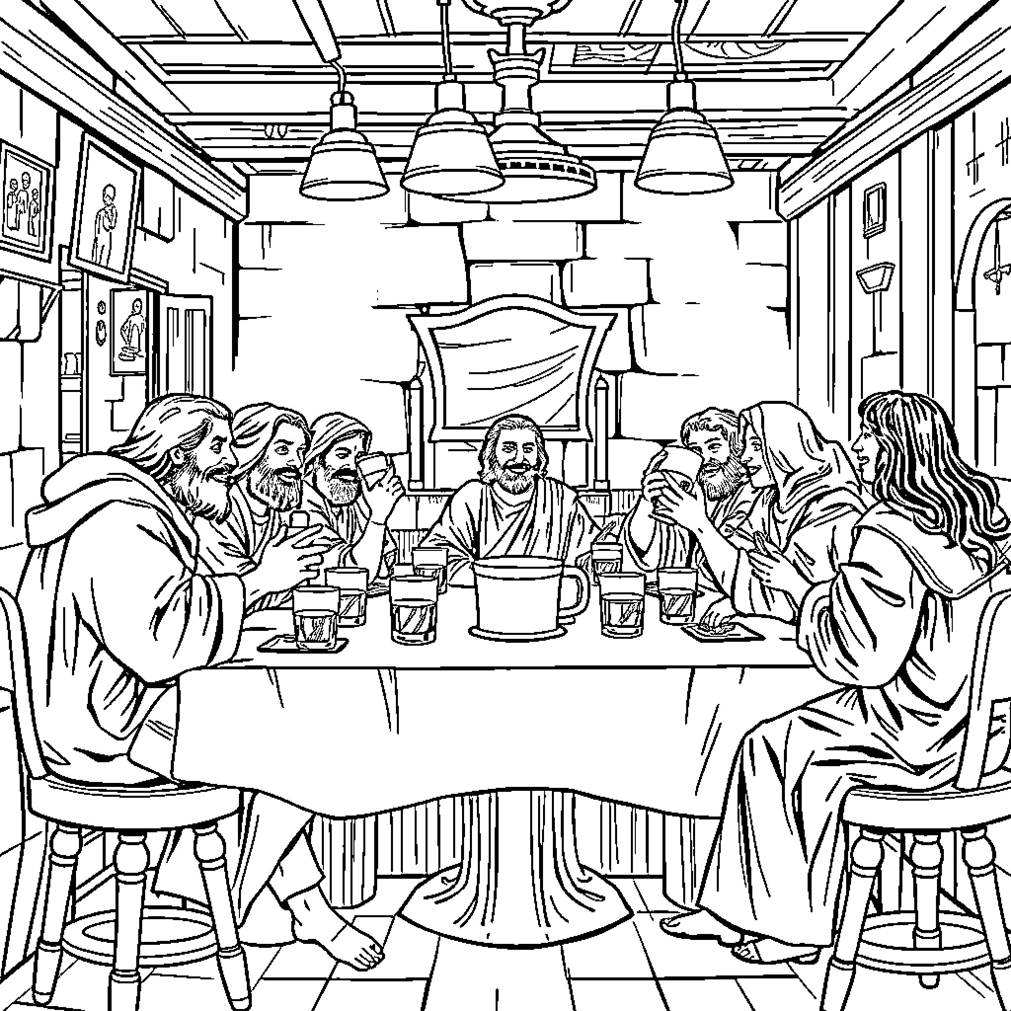 The Last Supper: A Gathering of Figures in a Dining Scene Coloring Page (free black-and-white line drawing printable PDF for all, from beginners to advanced learners, including children, teens, adults, and seniors)