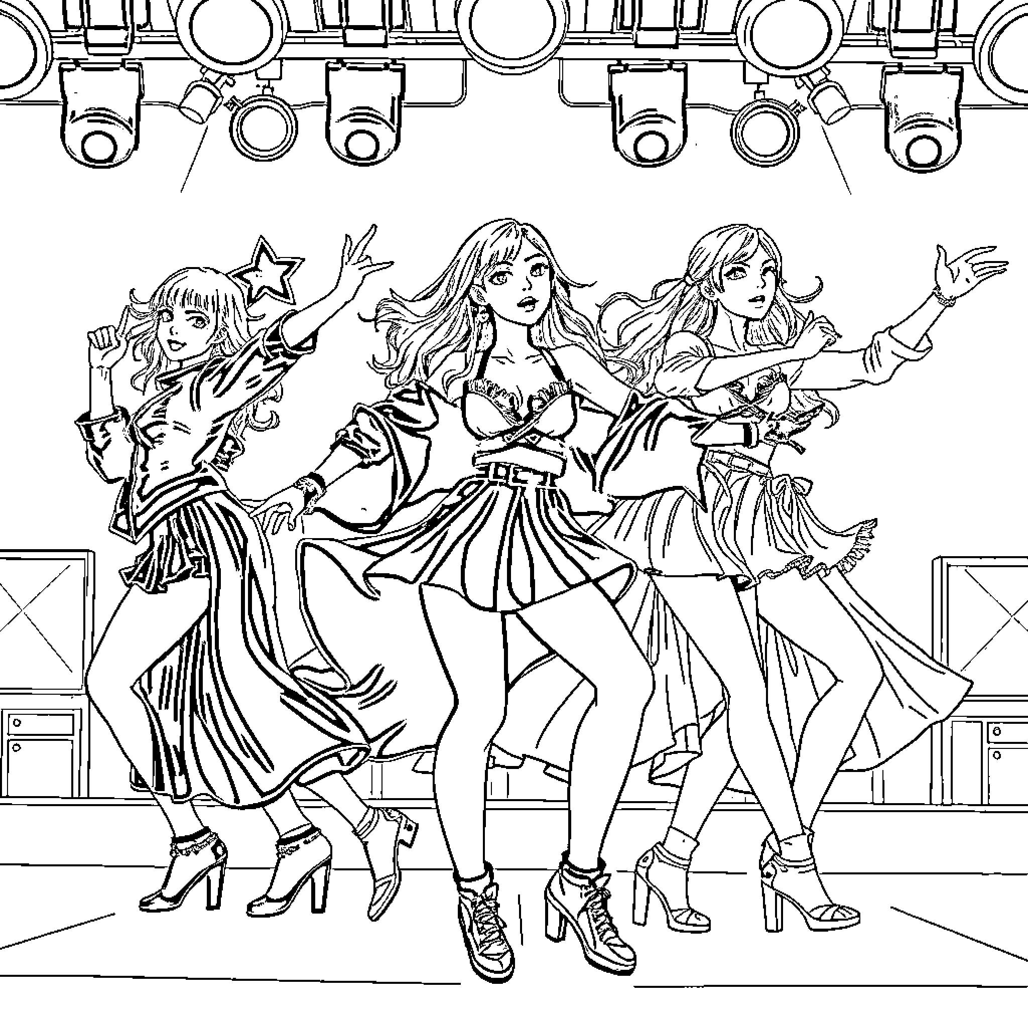 K-Pop Dancers Performing with Energy and Style Coloring Page (free black-and-white line drawing printable PDF for all, from beginners to advanced learners, including children, teens, adults, and seniors)