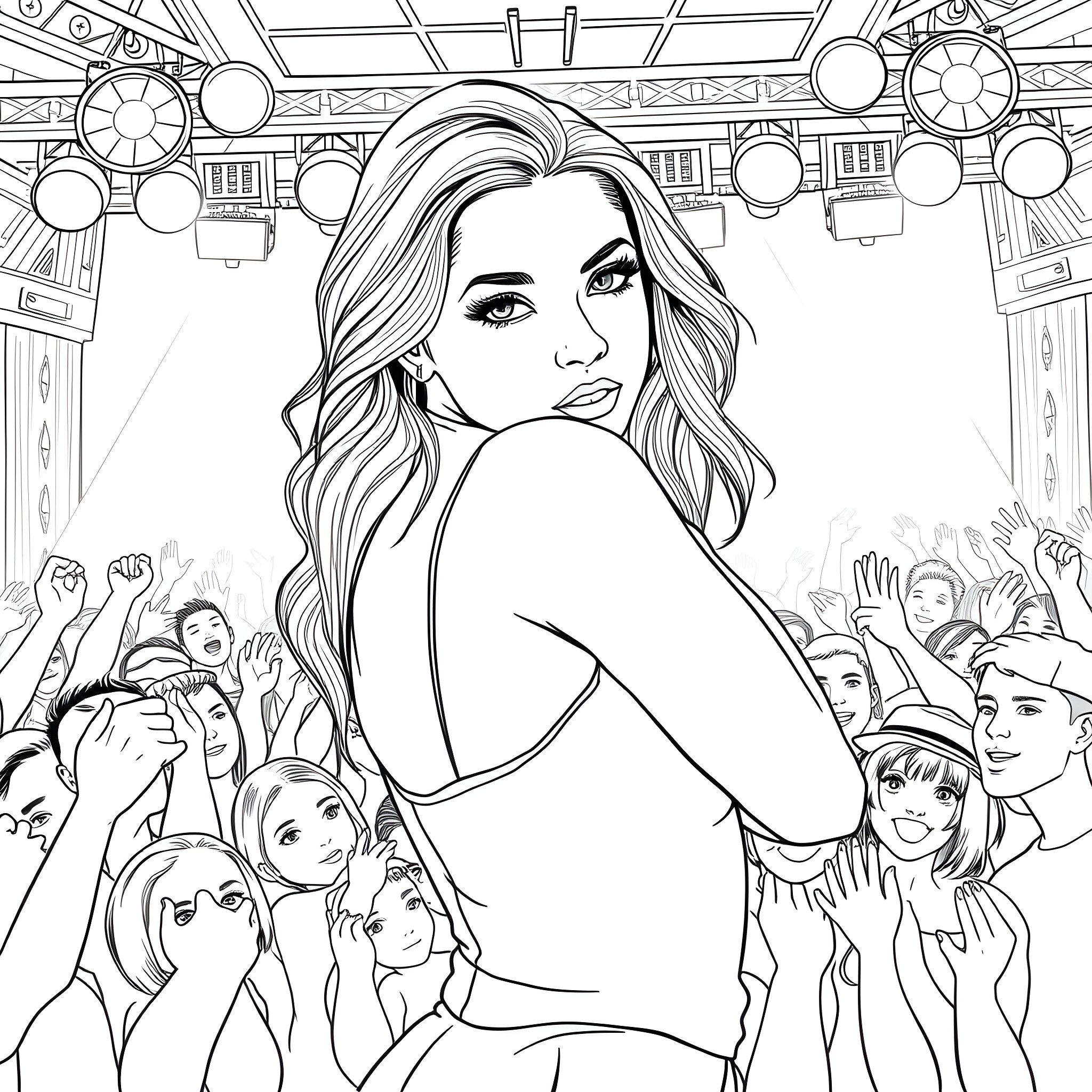 Jenna Ortega Embracing the Spotlight Coloring Page (free black-and-white line drawing printable PDF for all, from beginners to advanced learners, including children, teens, adults, and seniors)