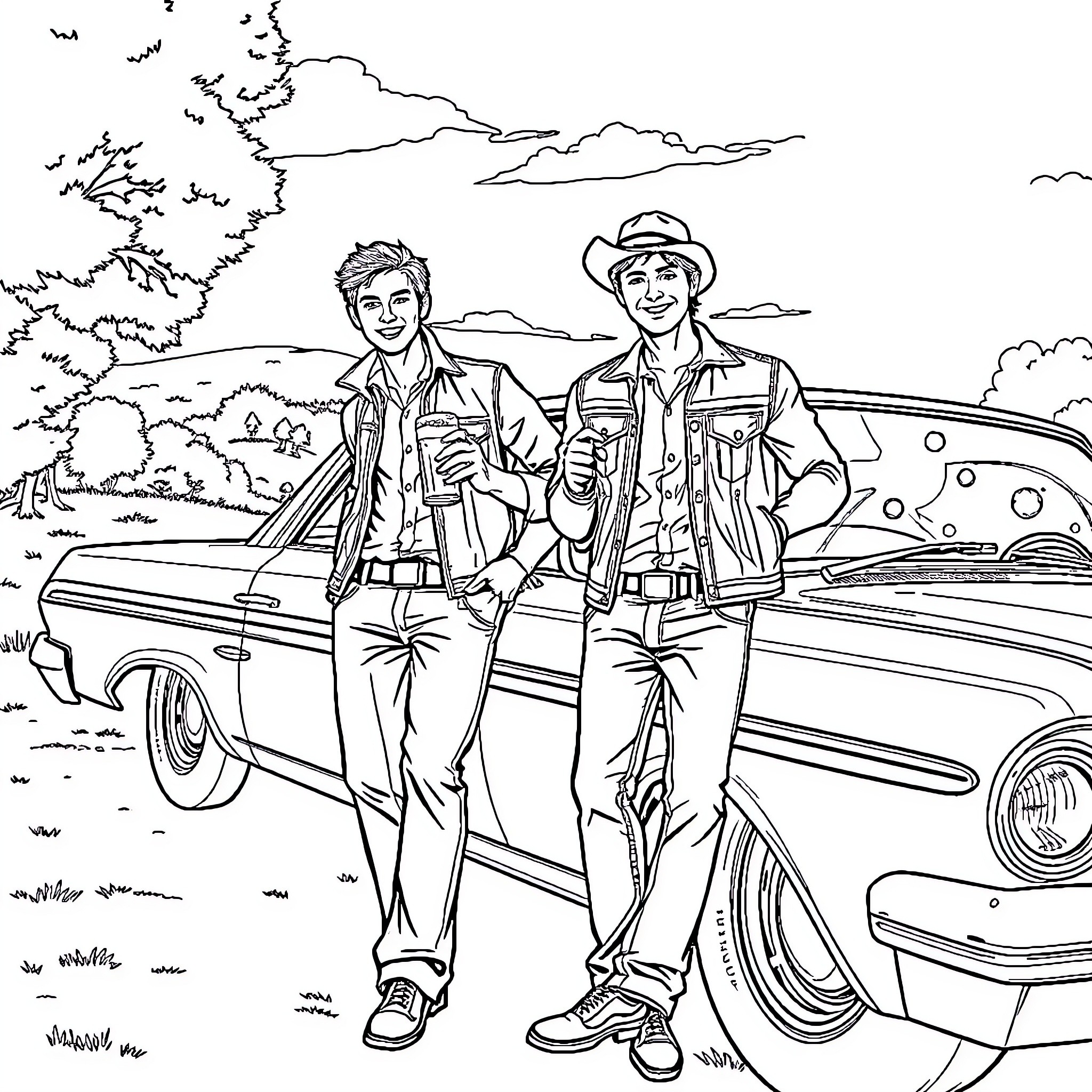 Impala friends posing by classic car in countryside Coloring Page (free black-and-white line drawing printable PDF for all, from beginners to advanced learners, including children, teens, adults, and seniors)
